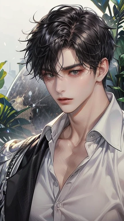 masterpiece,best quality,ultra detailed,upper body,male,male face,28 years old,black hair,very short hair,black eyes,hairs between eyes, crossed bangs,shirt,sharp eyes