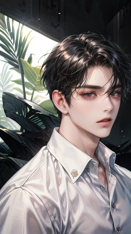 masterpiece,best quality,ultra detailed,upper body,male,male face,28 years old,black hair,very short hair,black eyes,hairs between eyes, crossed bangs,shirt,sharp eyes