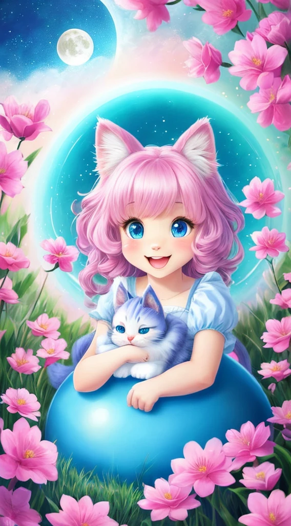 a kitten，has a little tail, a small nose, Small ears, blue eyes, Pink background, Flowers, vase, Dream, open mouth, Smile, Caroline Chariot-Dayez Pastel, tumblr, Furry art, Elokiti, disney bambi cat, Disney style furry, Floating ears, Fluffy tail, Fluffy '', Fluffy !!!, high resolution, Furry art!!! moon, Small size