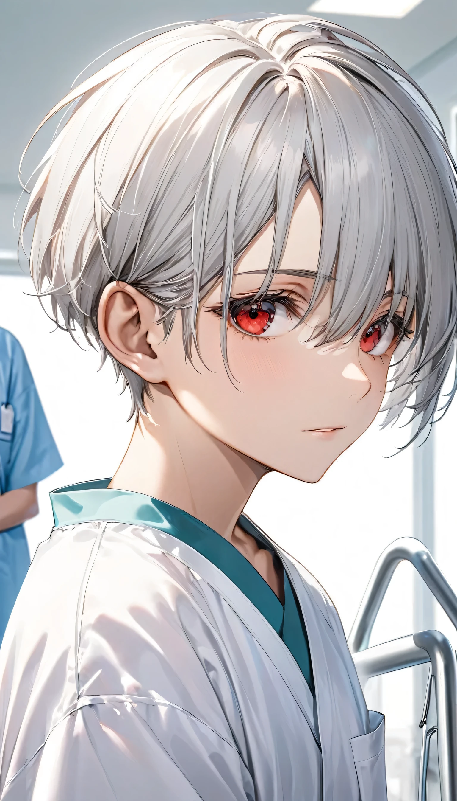 (Rehabilitate style) (Walking training), (solo crew cut silver hair very short hair painfull boy, detailed red eyes, serious face), (15 yo), (in a white Hospital gown), BREAK, (in the Hospital Rehabilitation), BREAK, perfect anatomy, masterpiece, best quality, 16k, beautiful detailed grow, daydreaming expression.