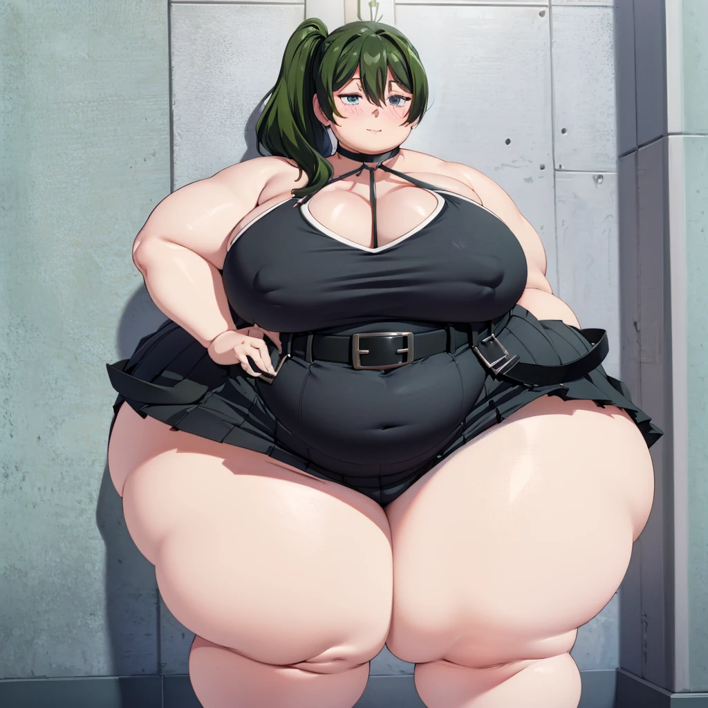 1girl, top heavy figure, (((incredibly big chest))), ((saggy chest)), plump, incredibly plump, ((big belly)), (((big tits))), wide, (((obese))), (((fat))), ((love handles)), double chin, out of shape, obese, fatty, shortstack, short woman, big bossom, ((milf)), small height, mature, standing, full body, bbw, ssbbw,  ubel, green hair, bangs,hair between eyes,side ponytail, black choker, sleeveless, black dress,sleeveless dress, halterneck,pleated skirt, black gloves,belt,black high heels