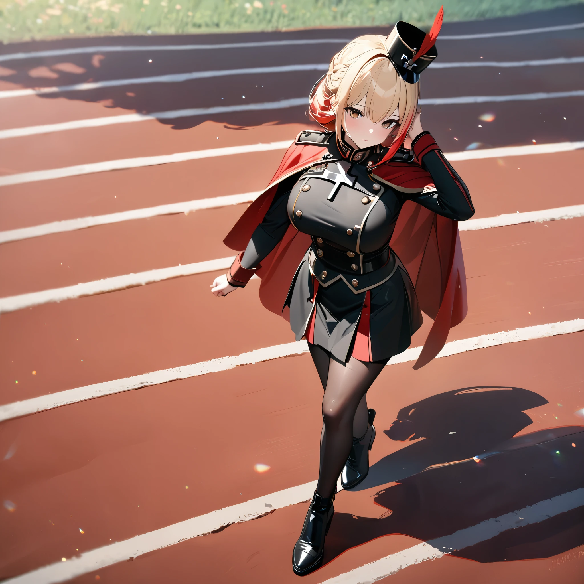 A woman wearing a black martial band uniform with red details, iron cross symbol on the uniform, short black skirt, black metal boots, black martial band hat with a large red feather, wearing a red cape, big breasts, short blonde hair, red bangs, multicolored hair, brown eyes, walking on the traditional German track with martial band marching, full body.shadow, flower, UHD, masterpiece, accurate, anatomically correct, textured skin, super detail, high quality, best quality, 8k, high resolution, bokeh effect.(woman solo)
