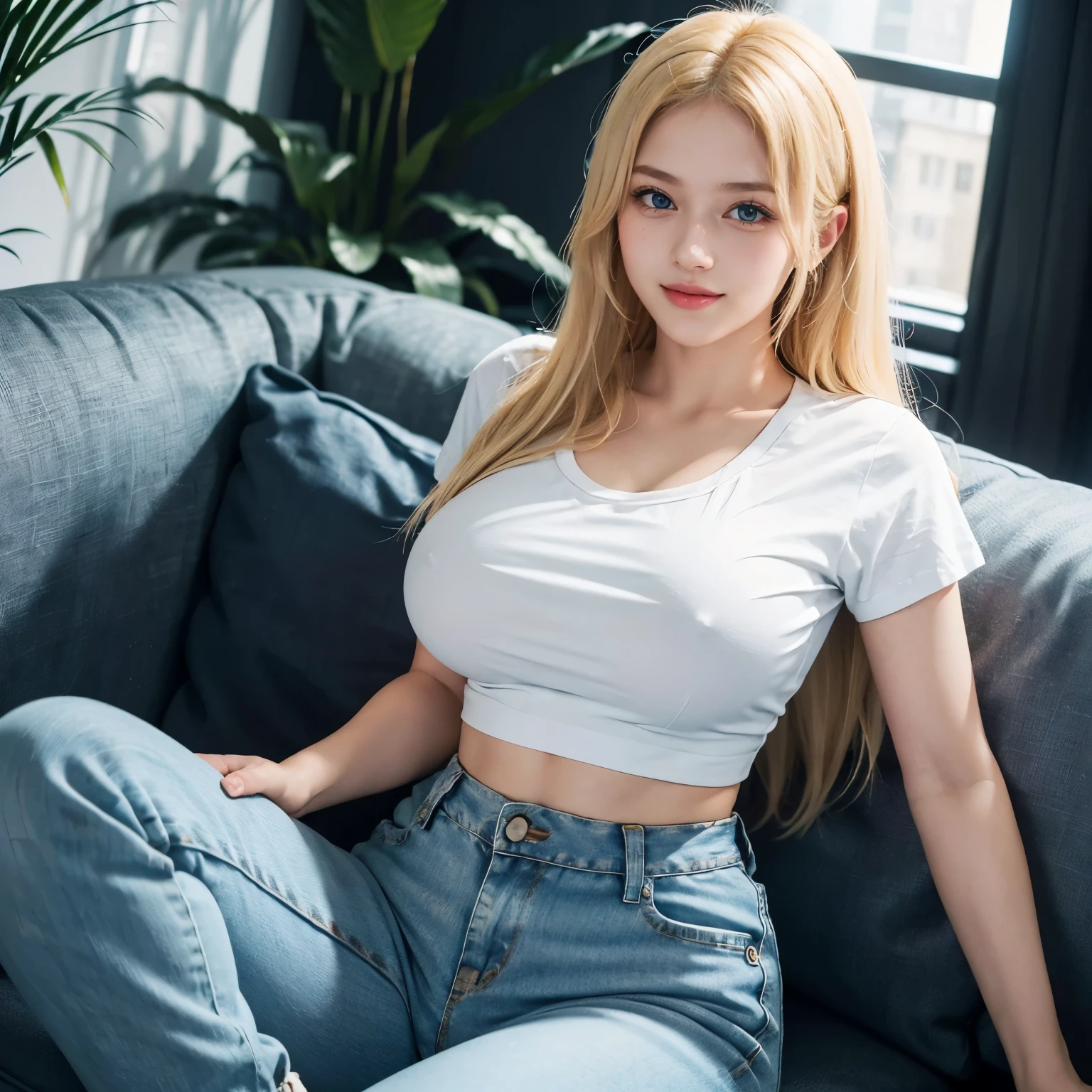 1girl, (Blue Eyes), (smiling :1.2), (Sana Minatozaki), (wide  :1.2), Big , (big ), (thin waist: 1.2), (thick and toned thighs :1.1), (Best Quality, 8k, Masterpiece: 1.3), Clear Focus: 1.2, Perfect Body Beauty: 1.4, strong abs, Highly detailed face and skin texture, detailed eyes, double eyelids, (shiny skin), (blonde long straight hair), (white t-shirt), (high waist jeans), lies on a couch, full body, in the living room