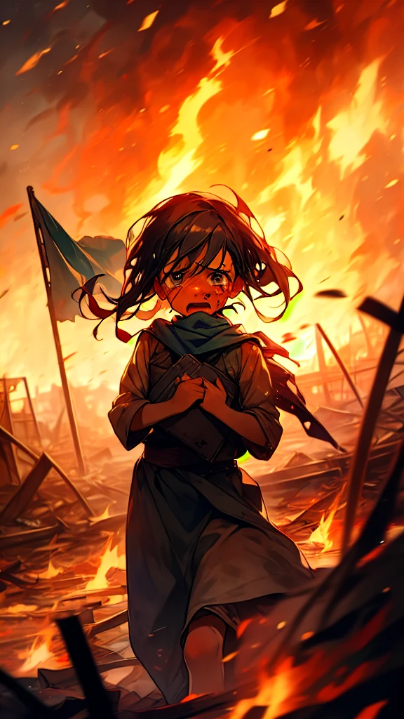 The captivating photo of a  crying with a bloodied face while holding a torn Palestinian flag amidst a war-torn and burning village powerfully depicts suffering and resilience. The child’s expression of sadness and determination is heart-wrenching, illustrating the endured hardship and struggle. The backdrop of ruins and flames enhances the dramatic impact of this image.