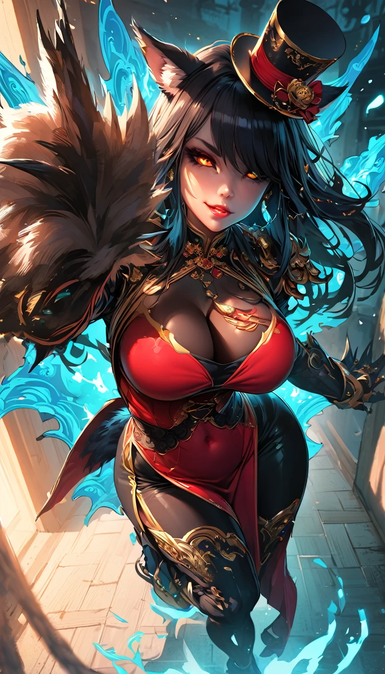 best quality,4k,8k,highres,masterpiece:1.2),ultra-detailed, extremely detailed eyes, extremely detailed body, (large masterpiece digital art), (detailed manga illustration), (detailed line art), ((perfect anatomy)), (intricate details:1.3), (ultra-detailed:1.3), (illustration:1.3), (sharp focus:1.3), (natural lighting:1.05), (vivid colors:1.3), (masterpiece), (best quality:1.4), (perfect anatomy:1.4), high quality, expressive eyes, full body, detailed face, beautiful face, perfect face, 1girl, dark skin, animal ears, black sclera, smile, colored sclera, breasts, solo, monster girl, black hair, (wolf ears), large breasts, curvy, wide hips, long hair, ((gold eyes)), claws, grin, fur, looking at viewer, collar, ((dynamic action pose)), tail, wolf tail, dragon horns, wings, sadistic smile, hair over eye, {regal outfit}, tiny top hat, (hellscape background), blue fire, curvy, china dress, dark skin, cinematic lighting, dramatic atmosphere,
