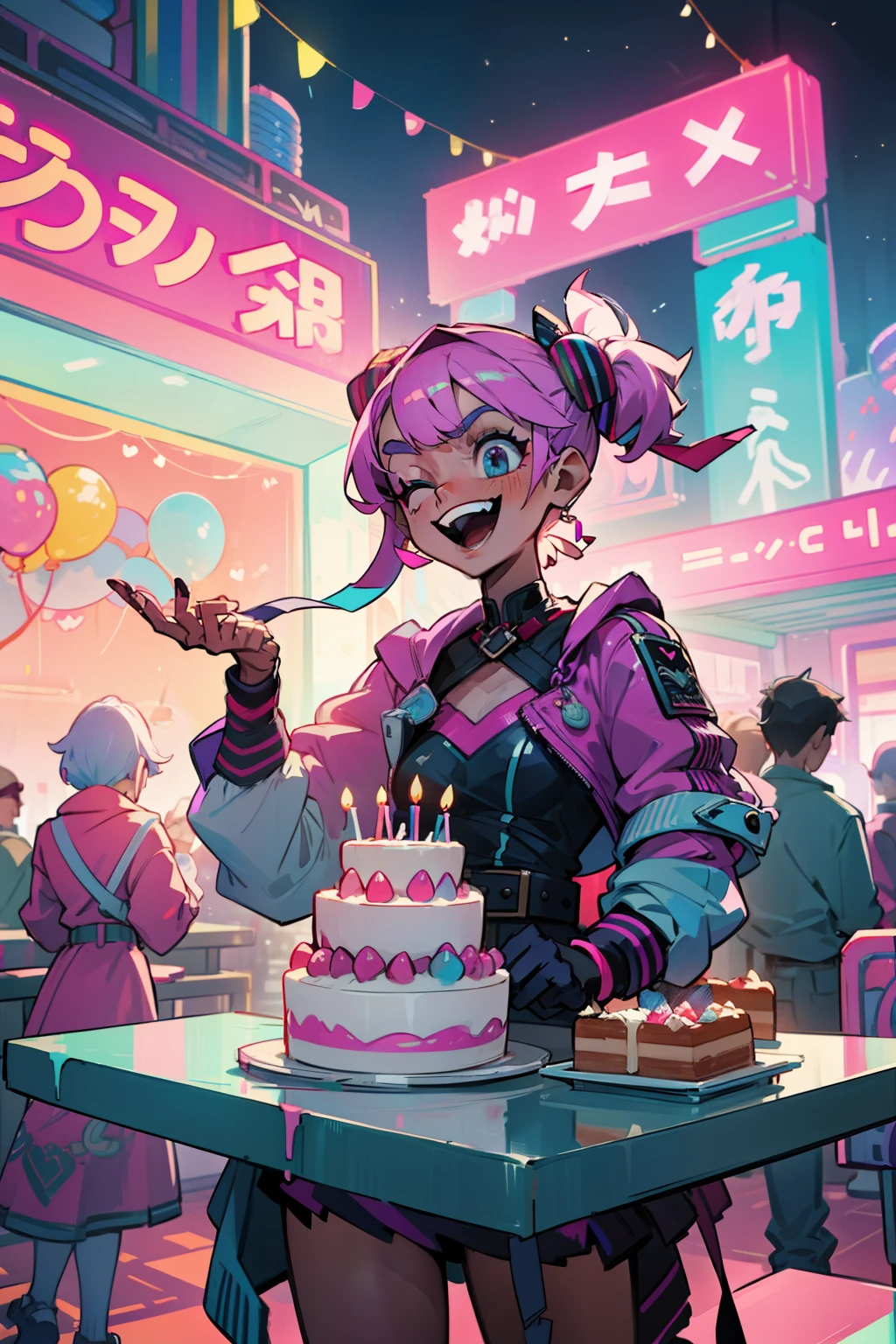 In the heart of a vibrant city, under the backdrop of a neon-lit night sky, a lively birthday scene unfolds. Adolescents, clad in the latest fashion trends, gather around a table extravagantly decorated with balloons and streamers of striking colors. The table is adorned with a elegant cake, beautifully coiled streamers, and an array of trendy accessories that reflect the cool and edgy aesthetic of the gathering.
As they blow out the candles, their faces light up with smiles and laughter, capturing the cheerful and festive atmosphere. Their poses, confident and stylish, embody the modern fashion sensibilities of the adolescents. Each