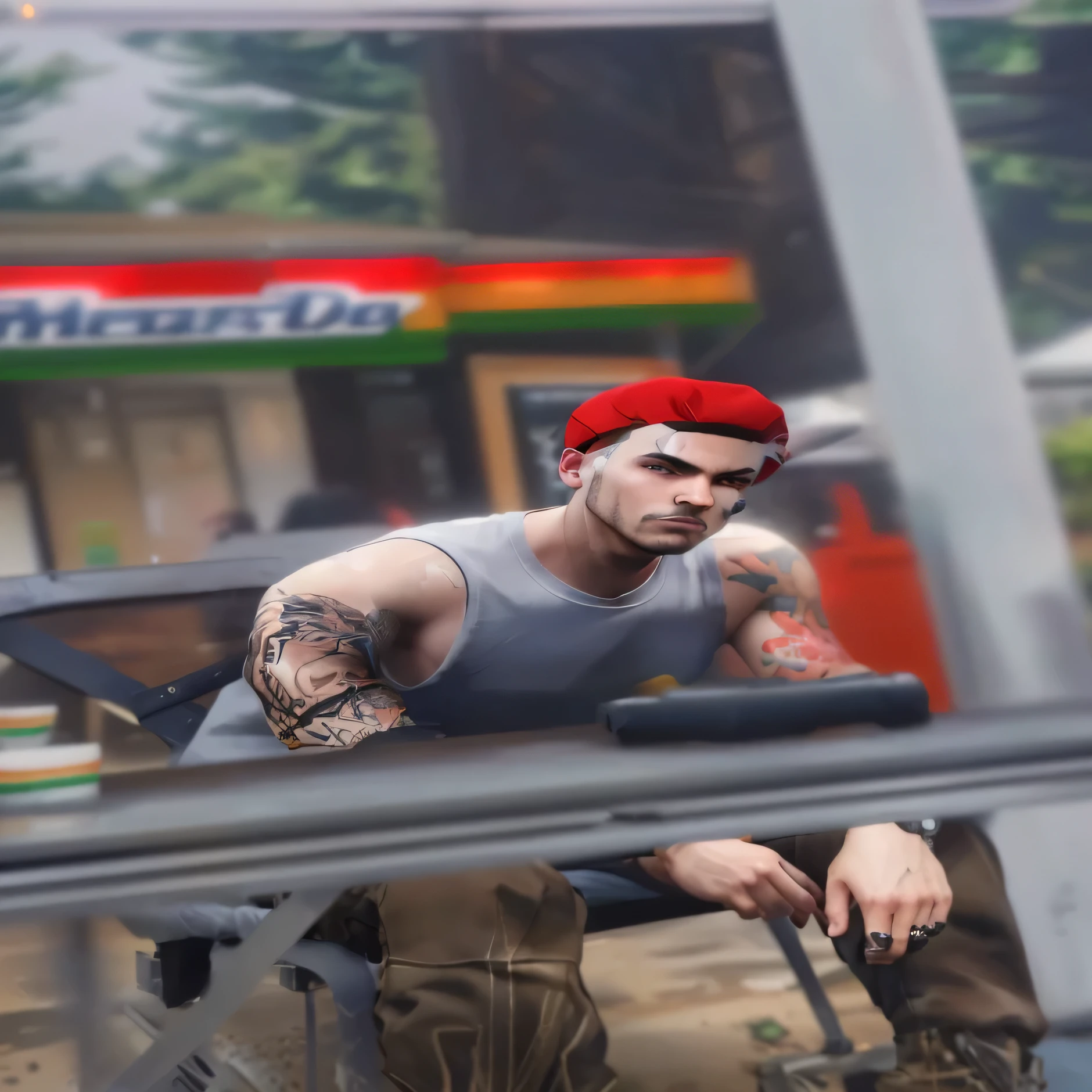 there is a man with a red hat sitting on a bench, detailed punk hair, gta character, as a character from gtav, gta5 style, detailed skin, style of gta v, mechanic punk outfit, as the protagonist of gta 5, gta 6 style, no hood | | realistic shaded, gta v style, very detailed skin, realistic scene