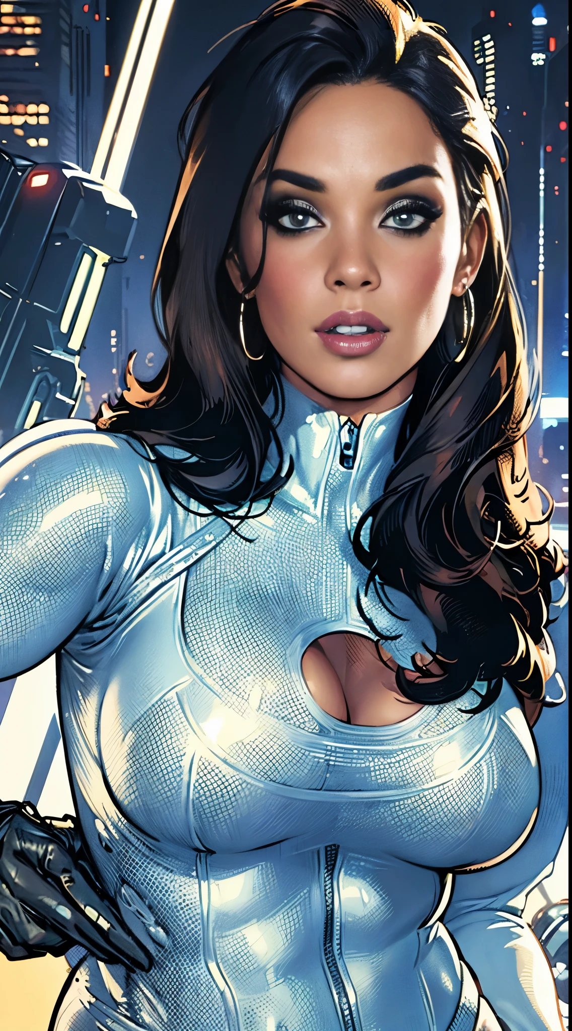 Alison Tyler vestindo um traje espacial justo branco de seda com detalhes em renda branca, futurista cybberpunk, (((corpo inteiro))) no painel de quadrinhos, corpo todo, bold lineart illustration comics, olhos azuis sedutores, parted lips, Corpo perfeito, curved, Fitness, nsfw, ao estilo de Adam Hughes, (((obra prima))), (((adulto))) Explore retro-futuristic aesthetics, highlighting your confidence and skill. big city night, Blade Runner 