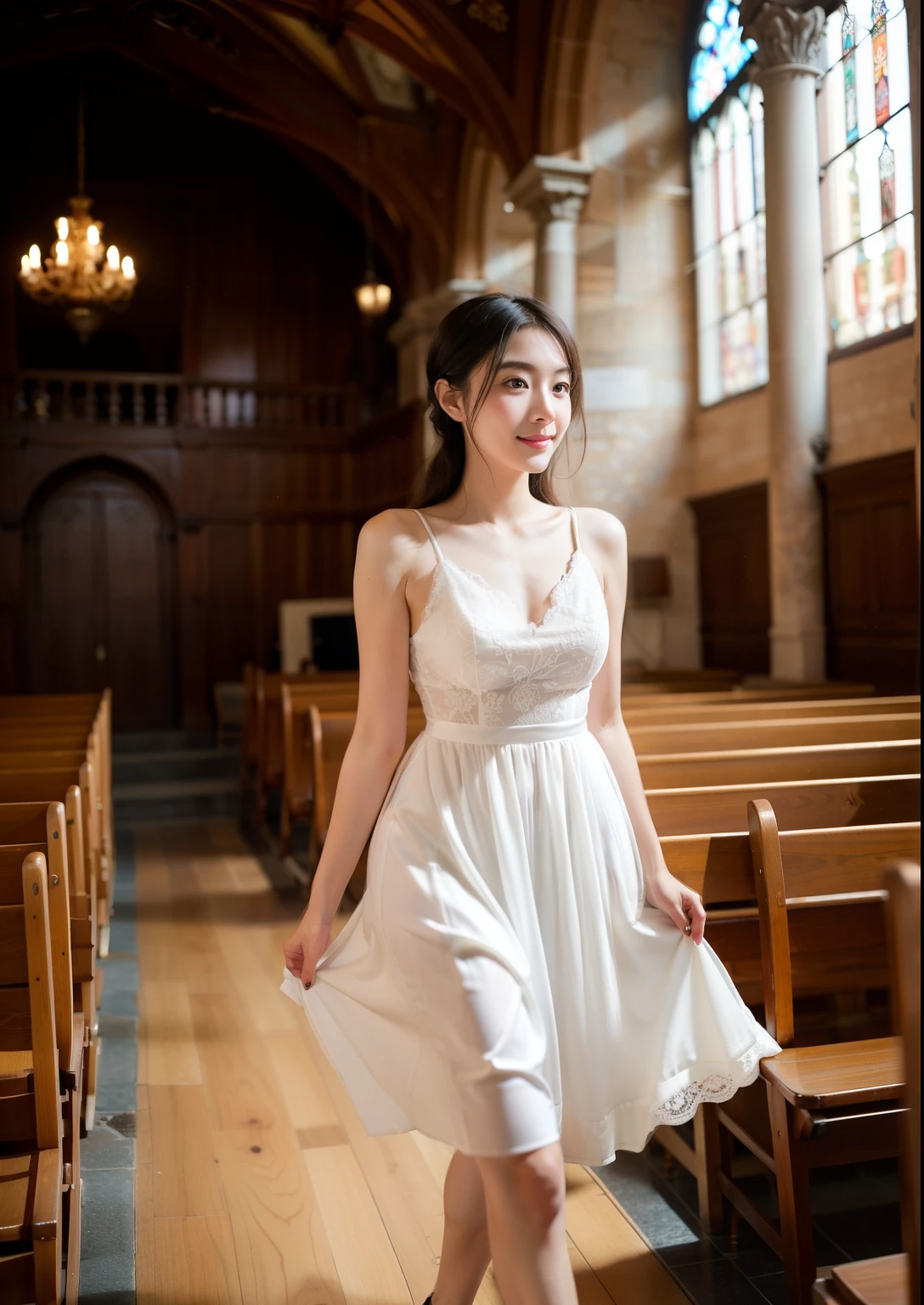 Beautiful 25 year old skinny woman。She is wearing a summer wedding dress. She is walking and her legs crossed and one leg is visible. She is shying and smiling in the church. She is illuminated by sunset. the evening church lights is on . her black hair. High resolution、masterpiece、highest quality、頭w:1.0、((Hasselblad Photos))、fine skin、(movie lighting)、clavicle . Her full body picture.
