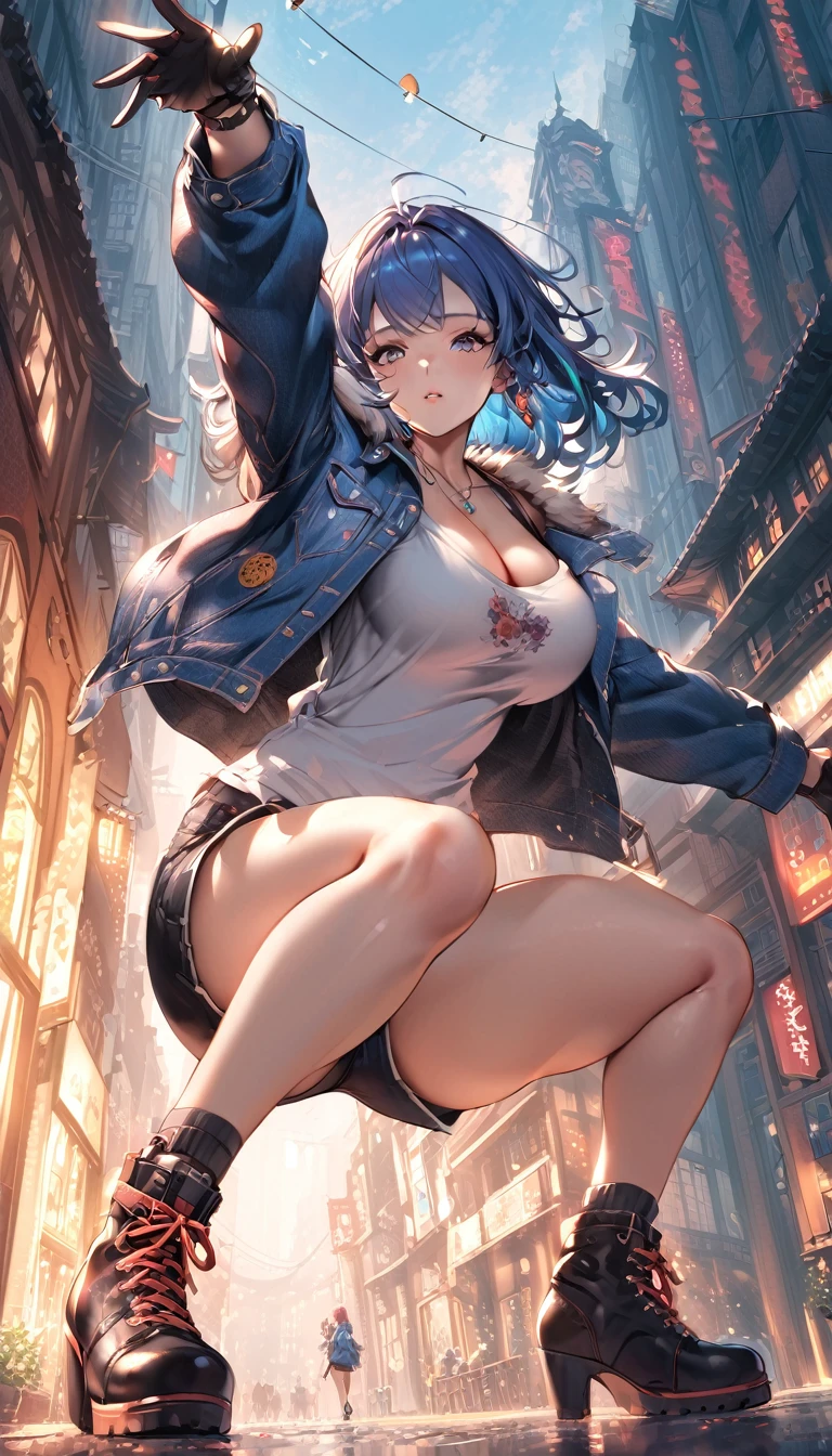 best quality,4k,8k,highres,masterpiece:1.2),ultra-detailed, extremely detailed eyes, extremely detailed body, (large masterpiece digital art), (detailed manga illustration), (detailed line art), ((perfect anatomy)), (intricate details:1.3), (ultra-detailed:1.3), (illustration:1.3), (sharp focus:1.3), (natural lighting:1.05), (vivid colors:1.3), (masterpiece), expressive eyes, perfect face, 1 girl, breasts, cleavage, gloves, large breasts, casual clothes, white shirt, tee shirt, denim jacket, jacket, {blue hair}, medium hair, wavy hair, (gray eyes), black denim shorts, shorts, dynamic pose, Huge ass, curvy, fur trim, hair bun, black ankle boots, cinematic lighting, dramatic atmosphere,