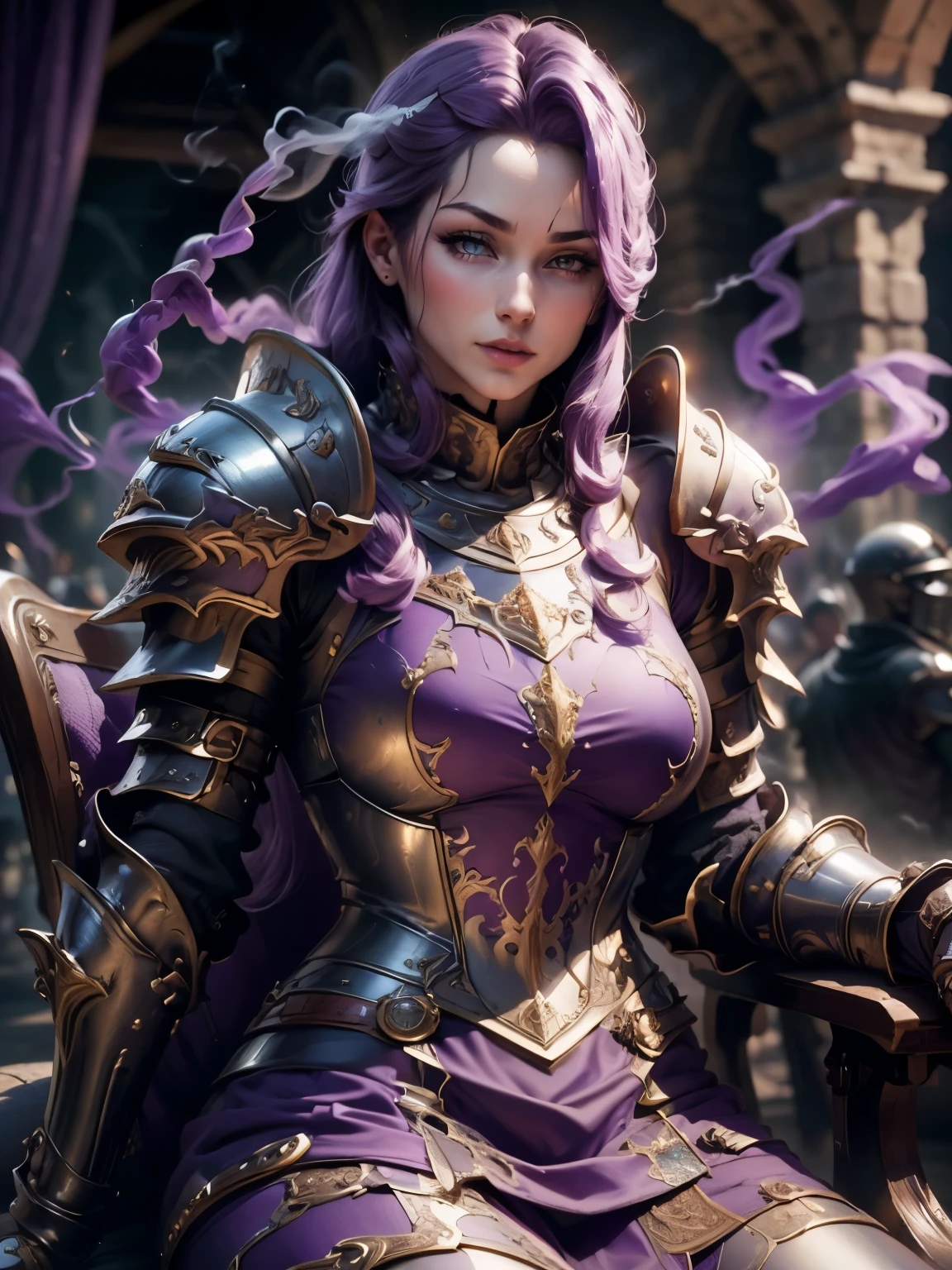 (Masterpiece, Superb Detail, Super Detailed, High Resolution), Male Focus, (((Female Armor))), (((Armor Purple Dress Set))), (She Has Long Purple Hair, Medium Breasts, Slim, perfect body, beautiful face), look at viewer, (((purple panty))), (((smoke))), ((Sit on Skull Chair)), City Ruins, Background Details, Solo