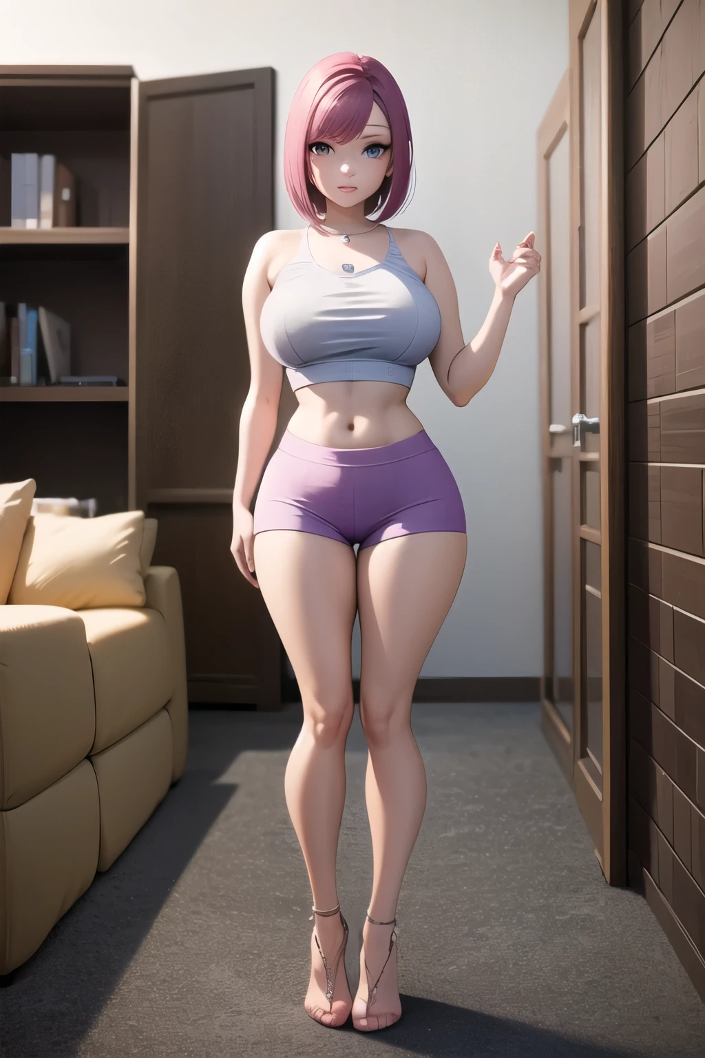 ((best quality)), ((masterpiece)), (detailed), perfect face, pink hair, short hair, bob cut, purple top, crop top, purple legging, huge breasts