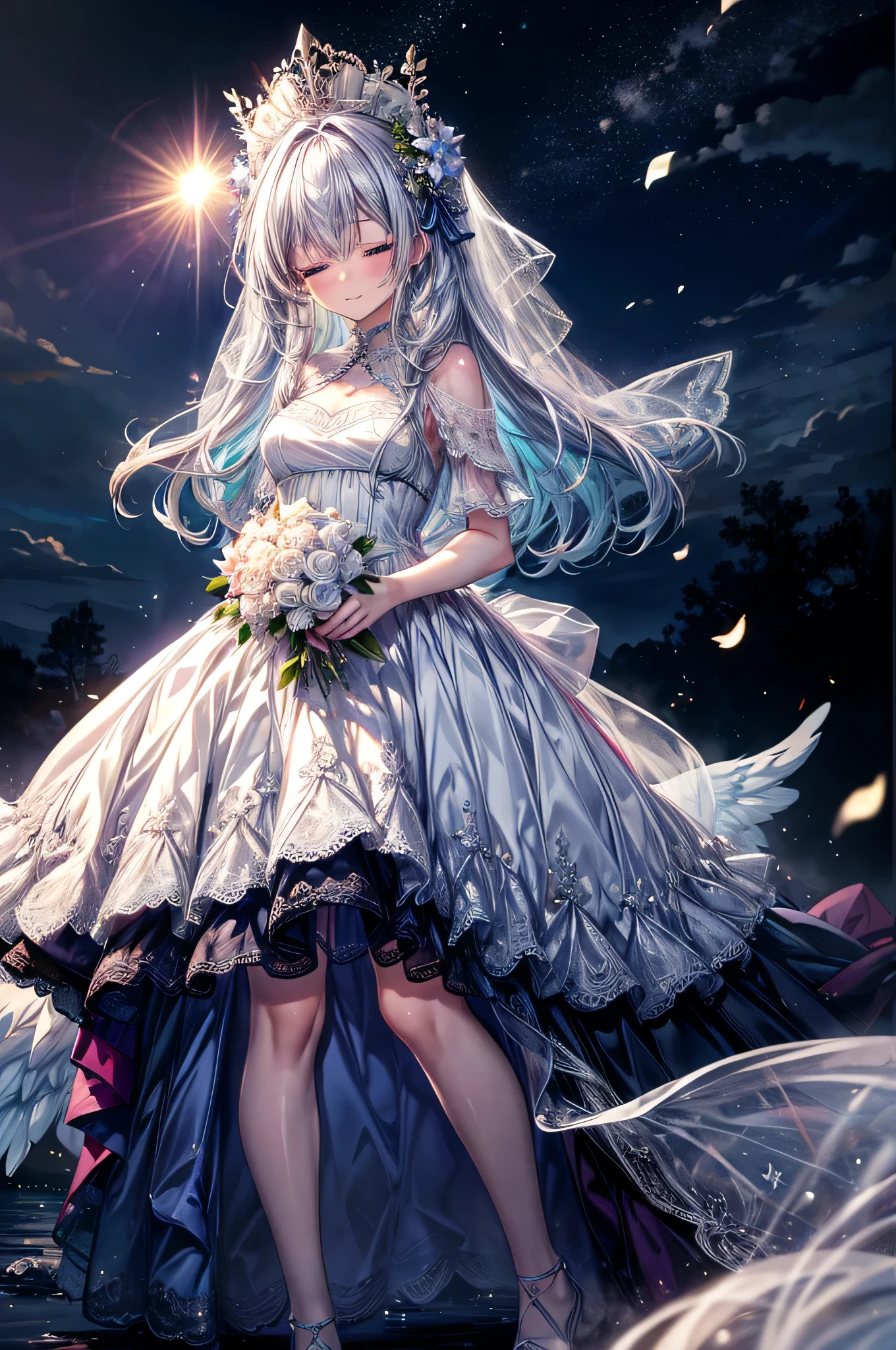 ((highest quality)), ((masterpiece)), (detailed), Perfect Face ,masterpiece, best quality, extremely detailed, anime, girl, blue eyes, silver hair, 8K, 4K,longhair,colorful,Wedding dress,small breast,expressive eyes,perfect face, moe, kawaii,cute,dress,eye focus, spectacular view, diamond shaped eyes, full body, Angel's wing,smile,flower garden, eyes closed, night, moon