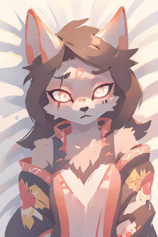 ultra detailed(sketch:1.2),graphite,(monocolour:1.3), solo, furry fox girl,animal ear, looking at viewer, traditional Japanese clothing, lying on the bed, dakimakura, glowing eyes