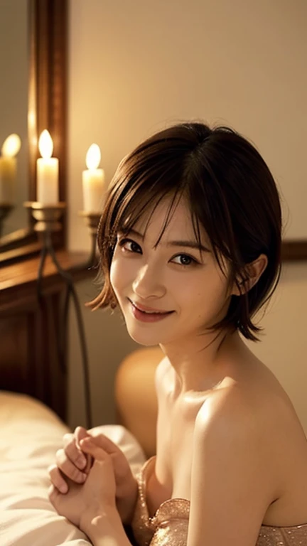 Realistic, High quality 32K photos of beautiful Japanese girls in elegant nightgowns, With big eyes and a gentle smile, In a bedroom softly lit by candlelight. The gentle light of the candles is warm, Romantic lighting throughout the room, Her gentle expression and intimate, A calming atmosphere in the bedroom, (Very Short Hair, bangs:1.3, Brown Hair), --5 pieces included:4 --Style Raw