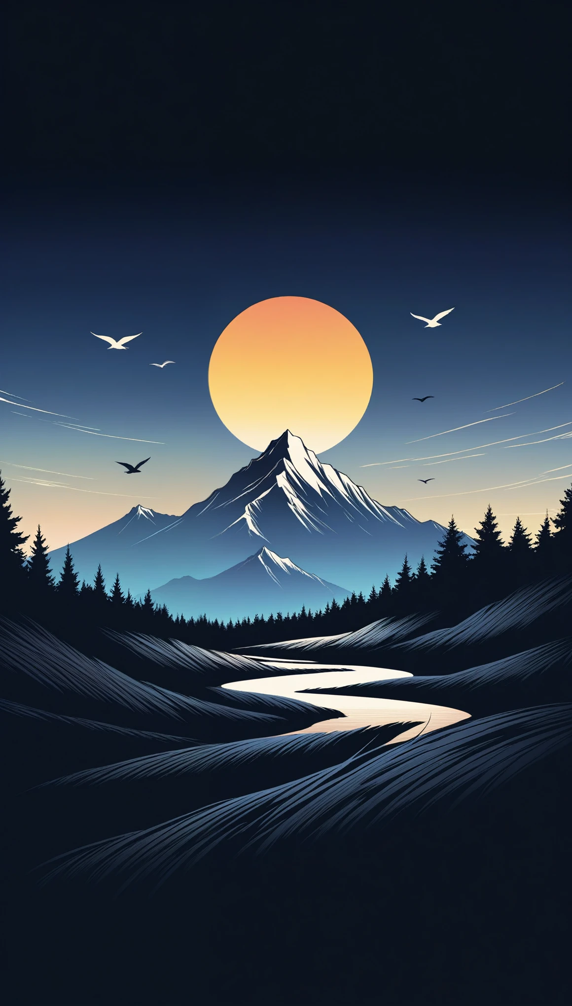 a captivating T-shirt illustration featuring a serene sunrise over a mountain range. The scene should be depicted in a minimalist style, using only a single color contrast to create a striking visual effect. Imagine the sun peeking over the horizon, casting its light over the peaks and valleys of the mountains. The use of negative space should highlight the contrast between the illuminated areas and the shadows, creating a sense of depth and tranquility.

Incorporate elements such as a few birds flying across the sky and perhaps a lone tree on a distant peak to add interest without complicating the design. The overall aesthetic should evoke a sense of calm and natural beauty, perfect for a simple yet powerful T-shirt graphic. Ensure the design is versatile and can be easily printed on various T-shirt colors, emphasizing the elegance of the single-color contrast