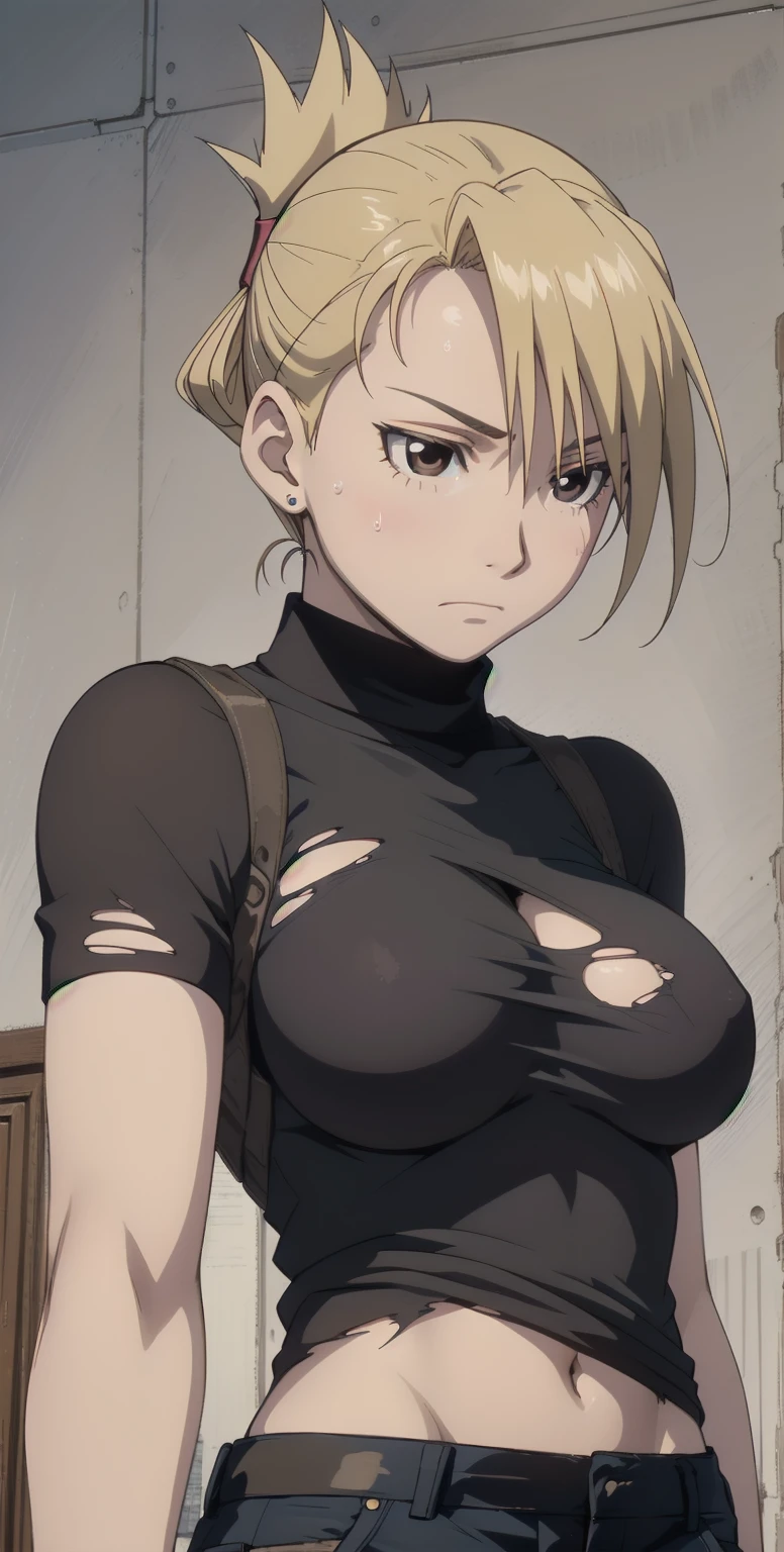 masterpiece, best quality, highres, 1girl, hmriza, ponytail, brown eyes,Big Boobs, black shirt, tight shirt, holster, short sleeves, belt, covered navel, blue pants,Inside the room、Upper body close-up、Muscular body、blush、Sweat、Composition from the front、anime、Hide your arms behind your back、(((Torn clothes、No bra、Embarrassed face)))