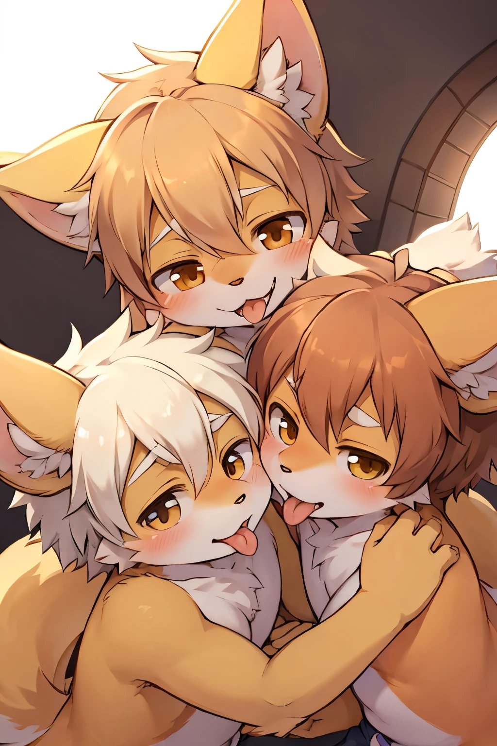 Ultra-high resolution, Detailed Background,  boy, girl, Happy, Joyful, Disorganized(kemono, Furry Personification),　Naked　Naked　Completely naked　Covered entirely in fur　Animal body types，　Sexy　Adorable，Pure，　No shame　having mating　Nipples　Young，，Barely　Fully visible，foreskin，On all fours， male genitalia ， female genitalia，Male and female，