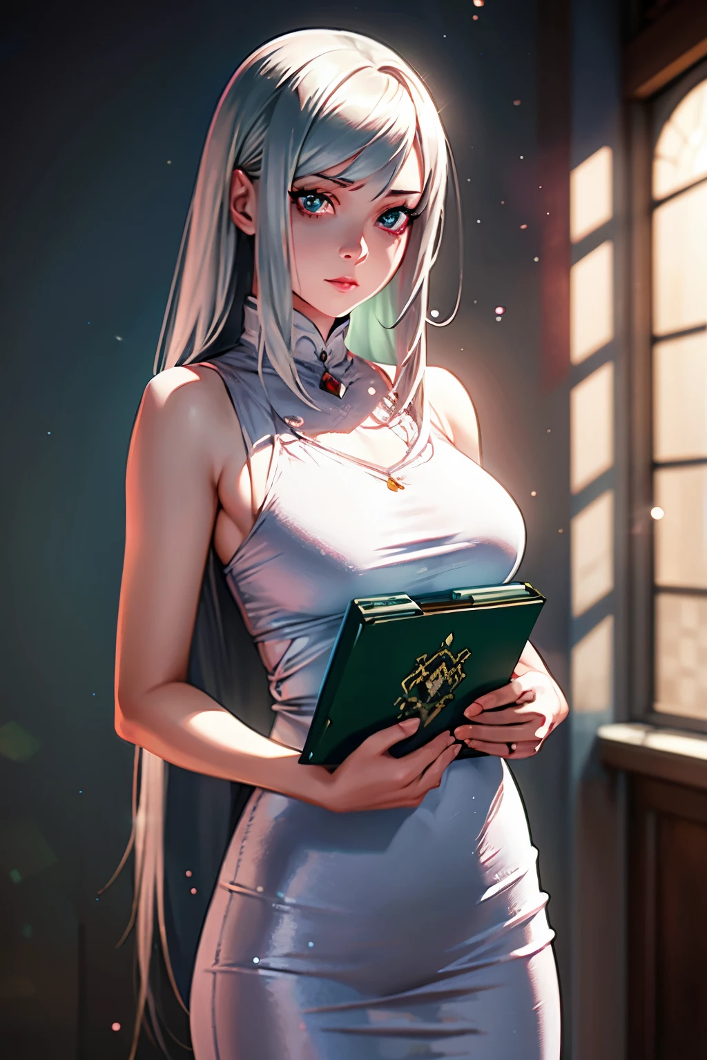 woman, silver hair, green jade eyes and pink batm and white plain dress, Anime realistic artstyle, 4K realistic digital art, 4K realistic digital art, DeviantArt Artstation CGScosiety, ArtGerm extremely detailed, made with anime painter studio, looking at camera, Glimmering eyes, holding books