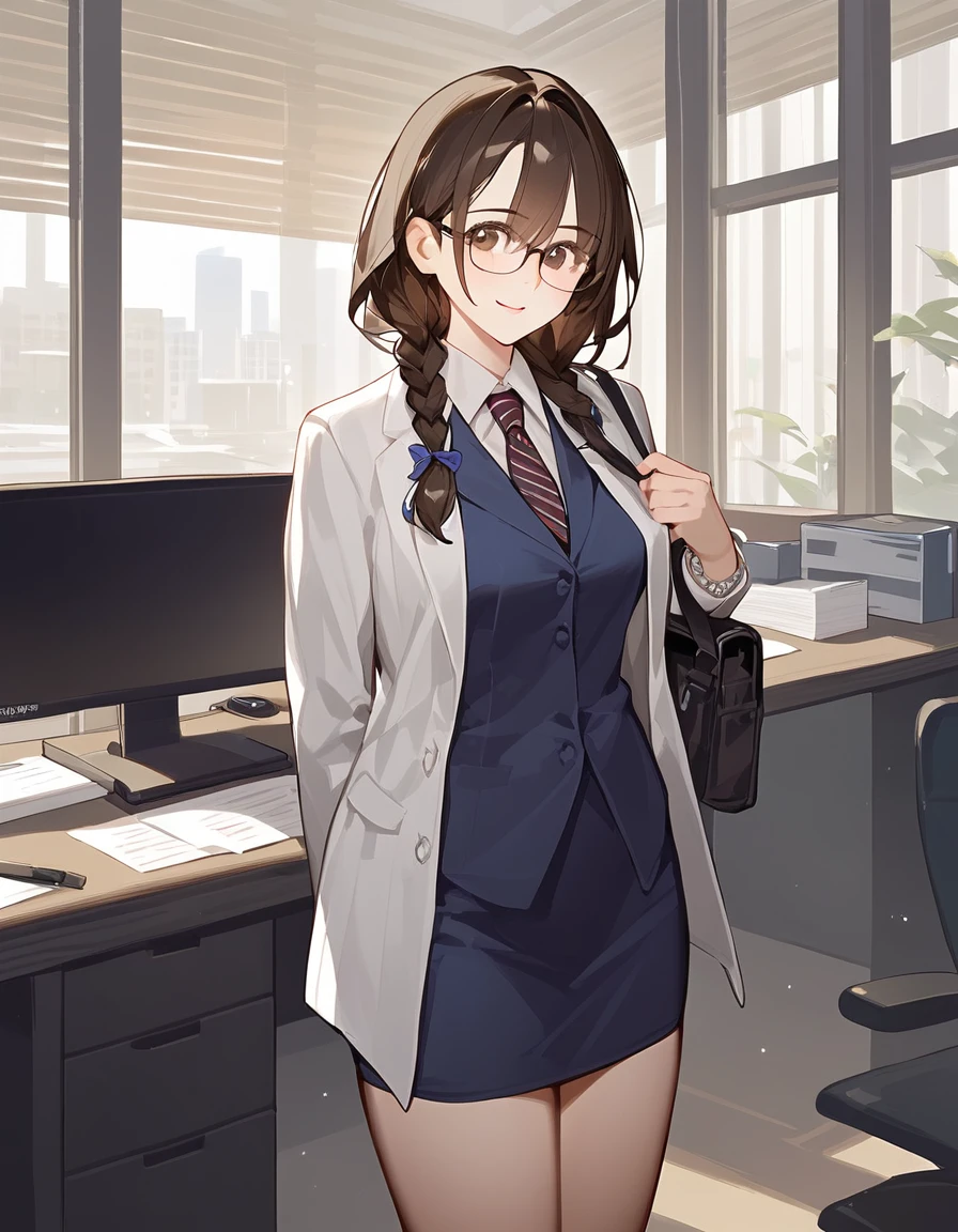 masterpiece, best quality, score_9, score_8_up, score_7_up, source anime, perfect anatomy, rating explicit, nsfw, absurdity, 1girl, office, suit, dress shirt, necktie, watch, glasses, standing, hold files, nude, two braid, brown hair, brown eyes, bottomless, pubic hair, loafer, 