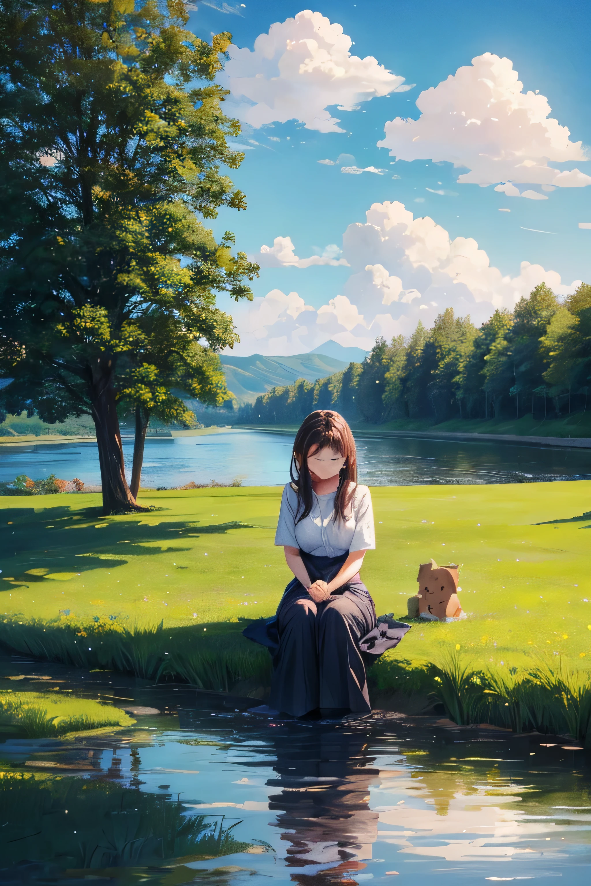 Beautiful woman standing crying by the river, meadow, sky, little trees, park, virtual reality woman, beautiful masterpiece, sitting crying, river, clouds, beautiful evening sky, office uniform, sitting stressed, sad,I'm sad and cry a lot.