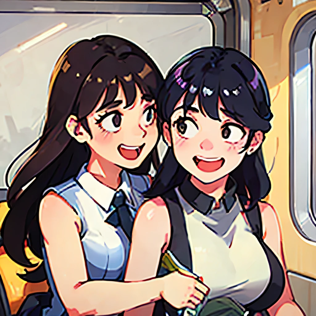 2girls, (uniform, sleeveless:1.3), (laugh:1.3), (huge boobs:0.8), train