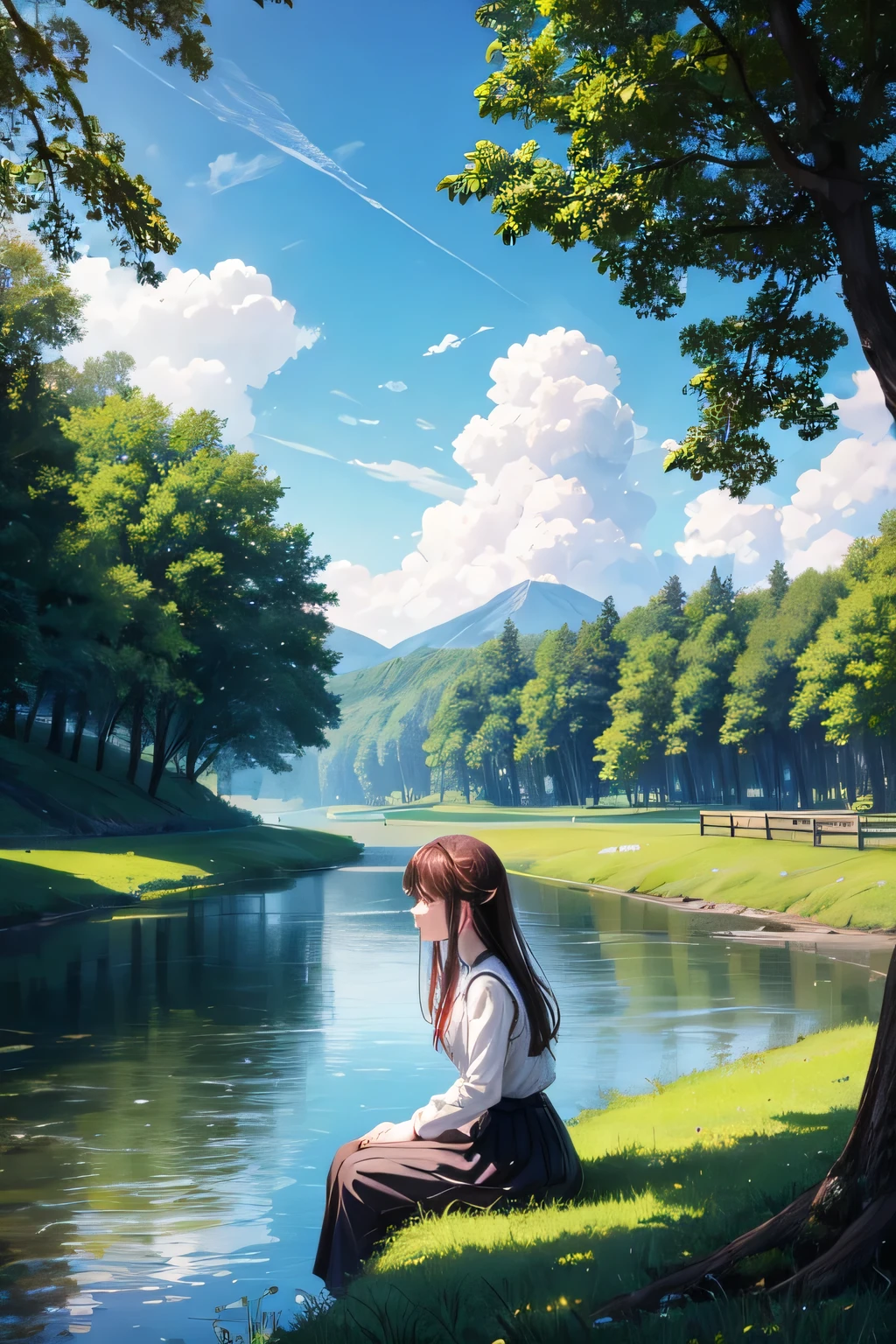 Beautiful woman standing crying by the river, meadow, sky, little trees, park, virtual reality woman, beautiful masterpiece, sitting crying, river, clouds, beautiful evening sky, office uniform, sitting stressed, sad,I'm sad and cry a lot.