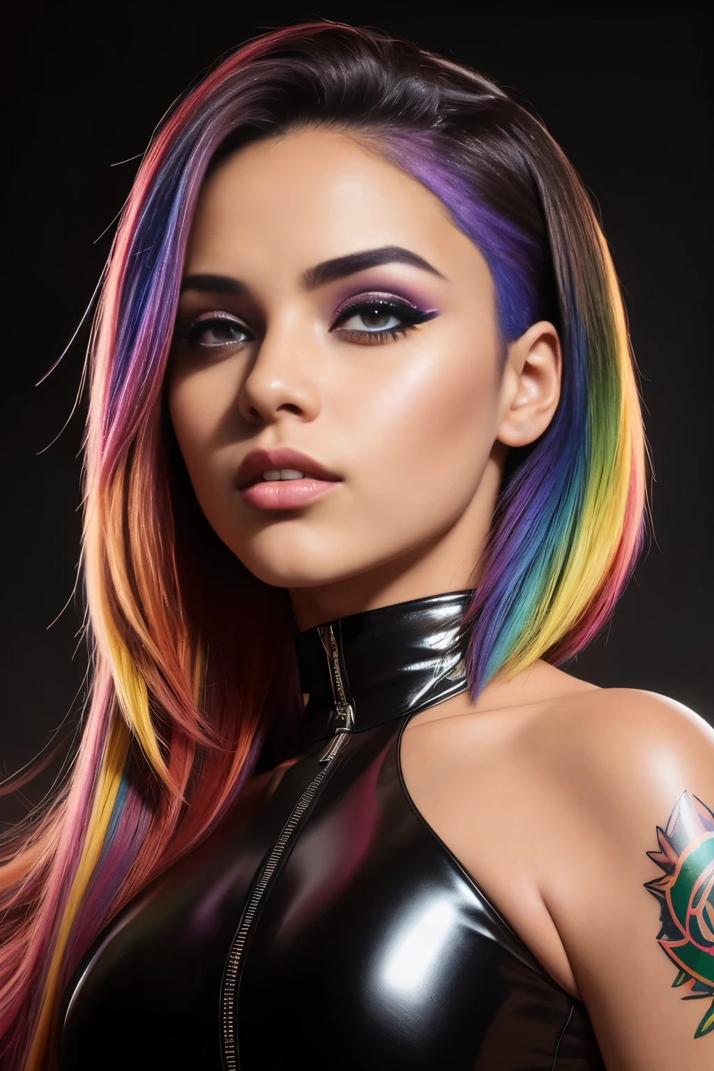 Photo of a captivating Latina girl, raw, Anime-inspired waifu, (Vibrant rainbow-colored hair), ((Portrait)), ((Detailed face:1.2)), ((highly detailed facial features, hyper-realistic eyes with a bold brown hue)), adorned in a sleek black latex dress, ((E-girl style:1.3)), hyper-realistic, hyper-detailed, 4K HD, detailed skin texture, high contrast, photorealistic digital art trending on Artstation, deeply textured, hyper-detailed, ultra high resolution, (photorealistic: 1.4), rich colors, hyper-