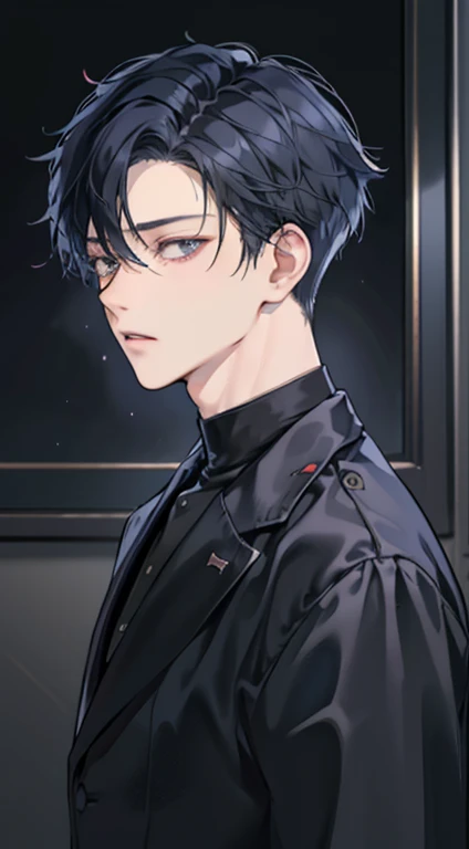 (masterpiece, top quality, super definition, high definition), male, dark blue hair and black eyes, short hair down, Wearing a black jacket like jujutsu kaisen, in the class room, soft relaxed expression