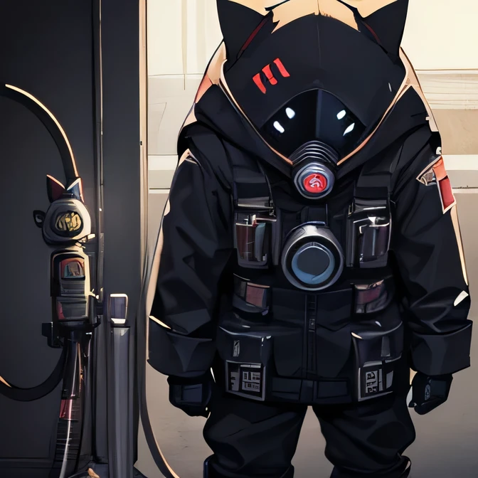 Cat、wearing a robot suit、Eye injury、Wearing a gas mask、Male Cat、Standing、cool、Near future、evildoer