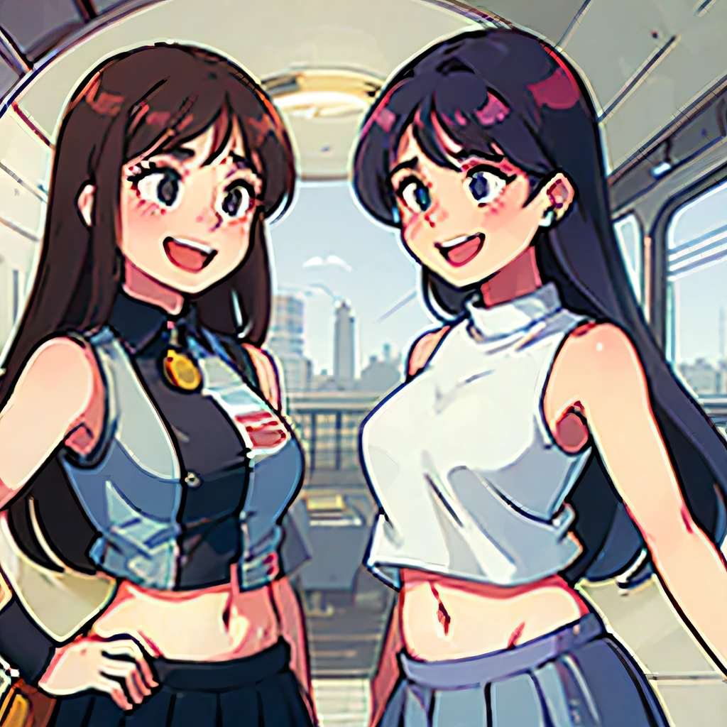 2girls, (uniform, sleeveless, navel:1.3), (laugh:1.3), (huge boobs:0.8), train