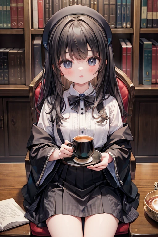 masterpiece, highest quality, Very detailed, 16k, Ultra-high resolution, Cowboy Shot, Detailed face, Perfect Fingers, A , black eye, Black Hair, Wavy Hair, Luxurious Western-style building, Bookshelf, Table seating, Chair, Tea making facilities, Chairに座って本を読む, SZ_4po enviroment