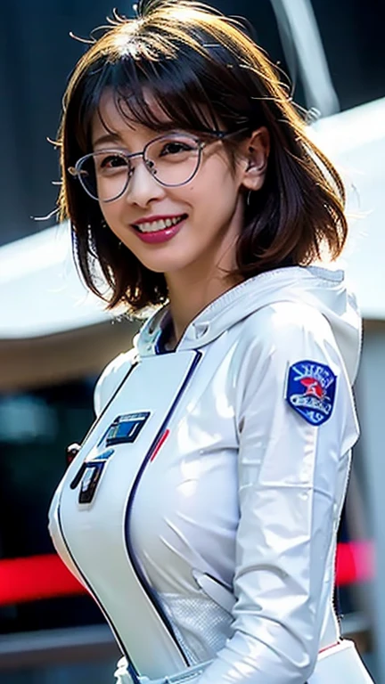 Beautiful woman、A space suit that fits perfectly、Hangar、Plump、Zero gravity space、Gundam、Normal Suit、Photorealistic、Masterpiece、4K resolution、Shiny latex、Slim glasses in the frame、Hold the helmet in your right hand、belt、short hair、Inside the spaceship、Adult women、NCO、bigbreasts,looking at viewer,