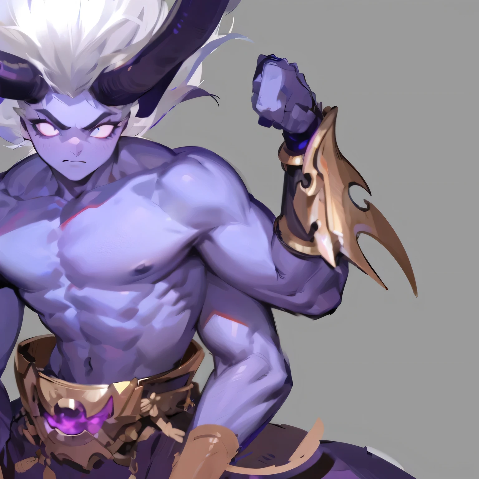 A close-up of a male character with horned head and horns, Suitable for white-haired banshees,Corner of magma material,Heavy beast head and shoulder blades,Tattooed with,Magma-eyed animal head and shoulder blades,Bracers, human male demon, djinn man male demon, demon male, male djinn man demon hybrid, demon soul concept art, portrait demon half human, man male demon, demon noble character design, Demon Lord, the former demon king,China-style,White-haired god, painted in the style arcane, Male characters,Delicate belt,China-style,Chinese-style clothing,Refinement,Fine painting,Refinement,infinite details,high definition detail,Patterned,Animal tattoos,Blank background,Bright colors,Metal edging