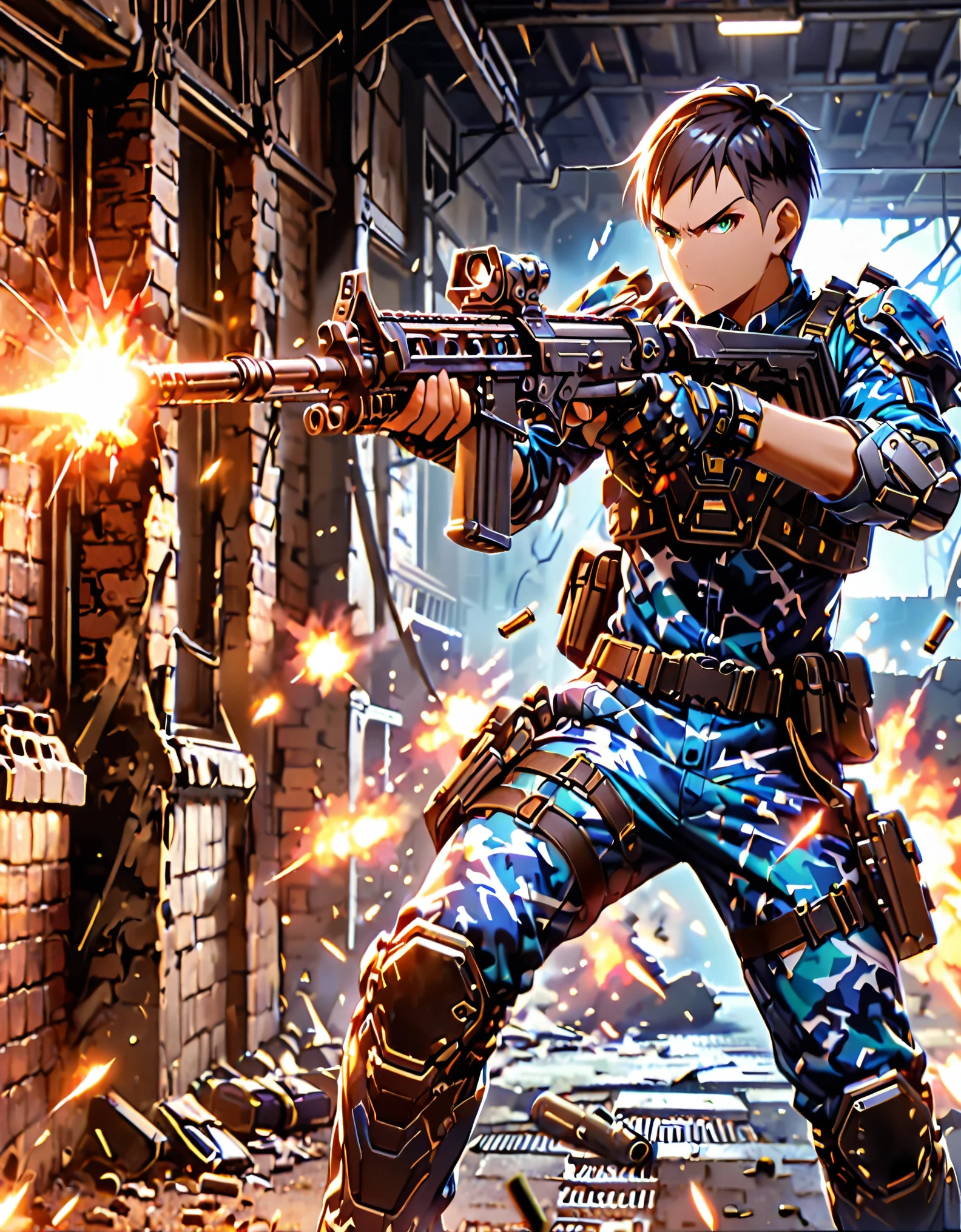 masterpiece, best quality, hires, 1man, solo, solo focus, dynamic action pose, silver-skinned male, holding weapon, cybernetic limbs, holding gun, holding and firing a (belt-fed machine gun) with one hand, shell casings coming from gun, black hair, brown hair, short hair, crew cut hair, green eyes, clenched teeth, tactical gear, shoulder pads, knee pads, blue camouflage pants and uniform, brown combat shoes, action scene, looking away, destroyed cars, bullet holes, brick wall, muzzle flash