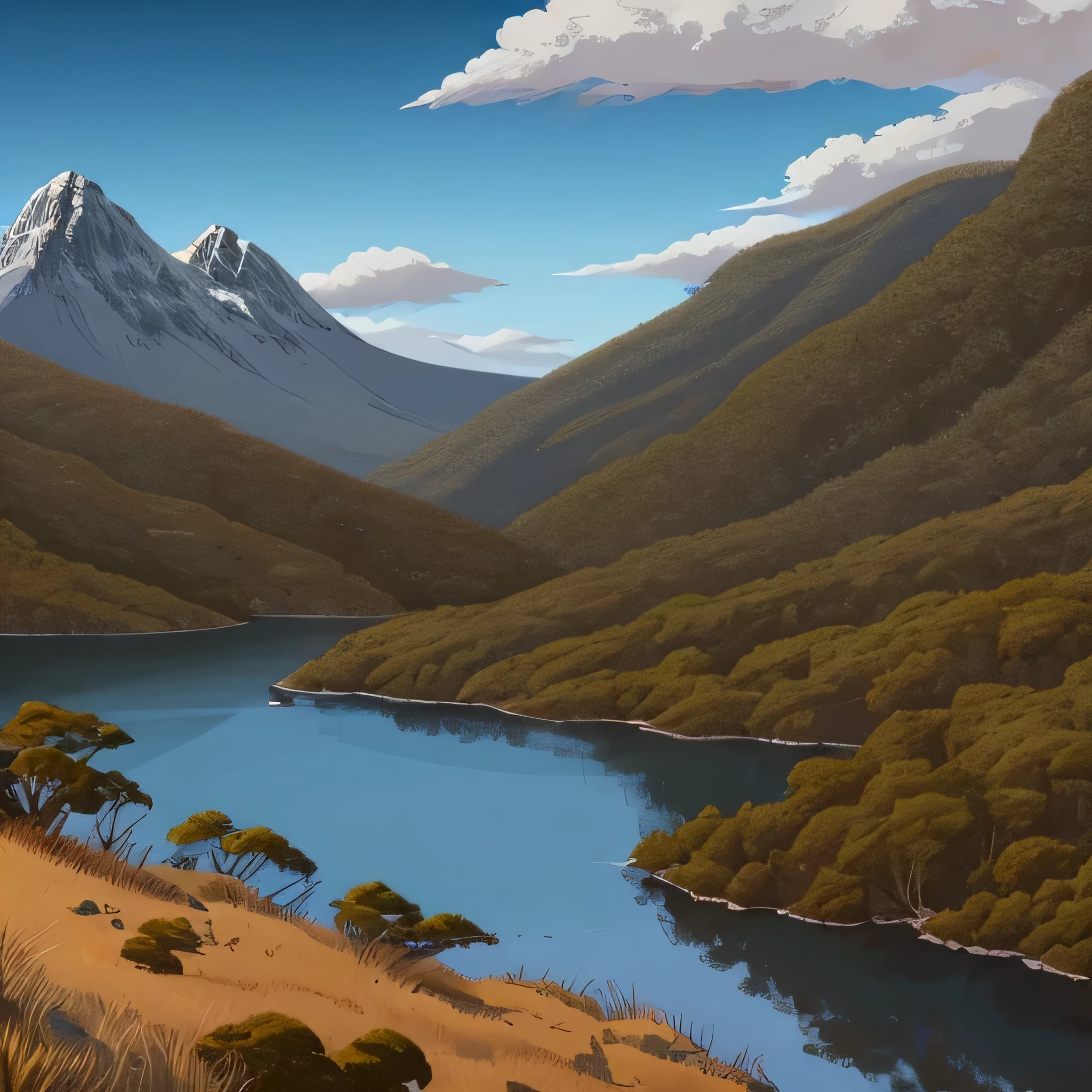A highly detailed anime illustration, Tasmania scene, Cradle Mountain National Park, wildlife, nature, landscape, vintage, trending on artstation, UHD, (((by Quentin de Warren))):1.8, atmosphere, luminosity