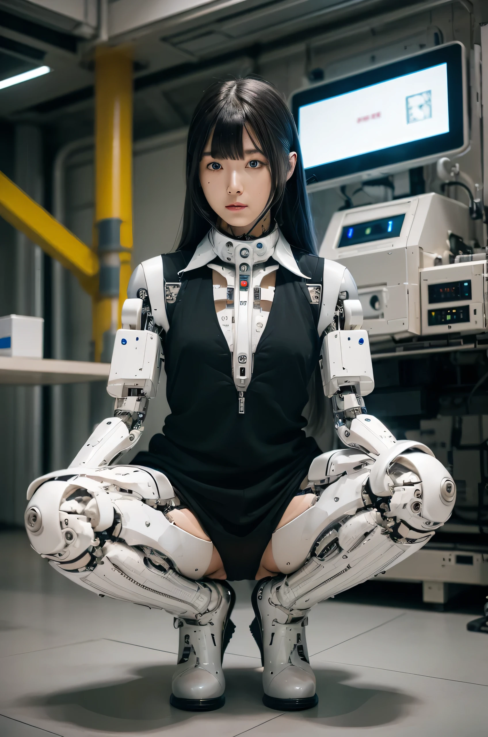 masterpiece, best quality, extremely detailed, Japaese Cyborg Girl,Plump , White boots,control panels,android,Droid,Mechanical Hand, ,clothes with a sense of mechanical technology, Robot arms and legs, Black Robot Parts,Black hair,Mechanical body,dress shirt,long vest,Blunt bangs,White abdomen,White robotics parts,perfect robot woman,future laboratory,cyber pank,charging spot,laboratory,long tube,thick cable connected her neck,kneel on the floor,bowing,ceramic body ,mechanical body,blue eyes,android,robot humanoid