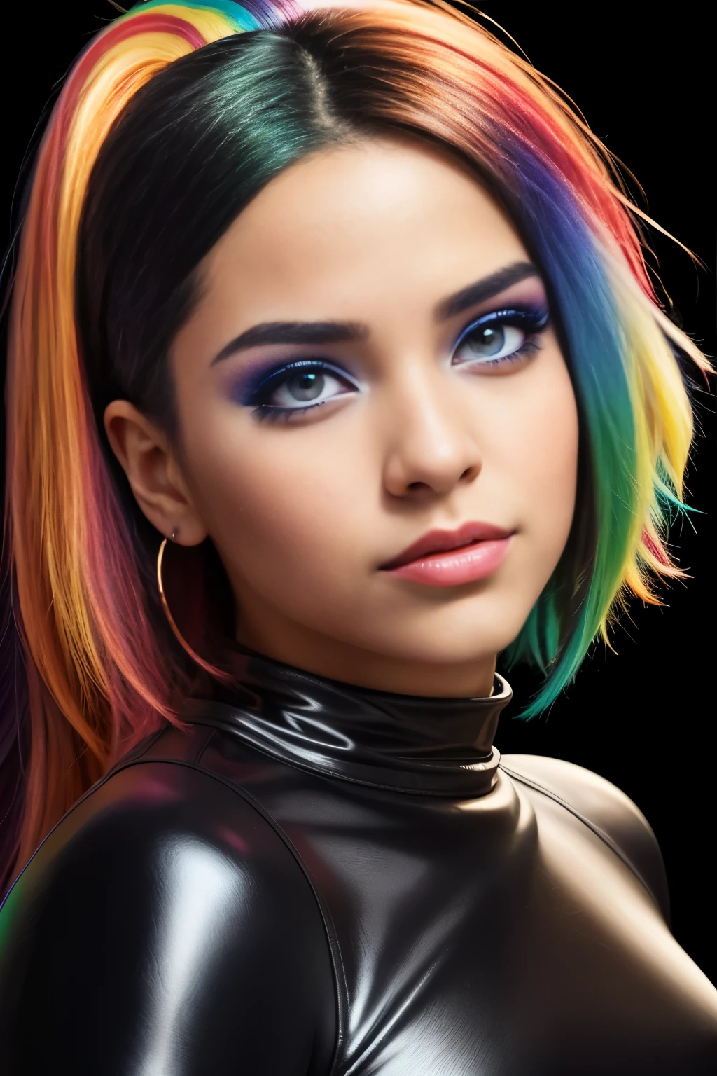 Photo of a captivating Latina girl, raw, Anime-inspired waifu, (Vibrant rainbow-colored hair), ((Portrait)), ((Detailed face:1.2)), ((highly detailed facial features, hyper-realistic eyes with a bold brown hue)), adorned in a sleek black latex dress, ((E-girl style:1.3)), hyper-realistic, hyper-detailed, 4K HD, detailed skin texture, high contrast, photorealistic digital art trending on Artstation, deeply textured, hyper-detailed, ultra high resolution, (photorealistic: 1.4), rich colors, hyper-