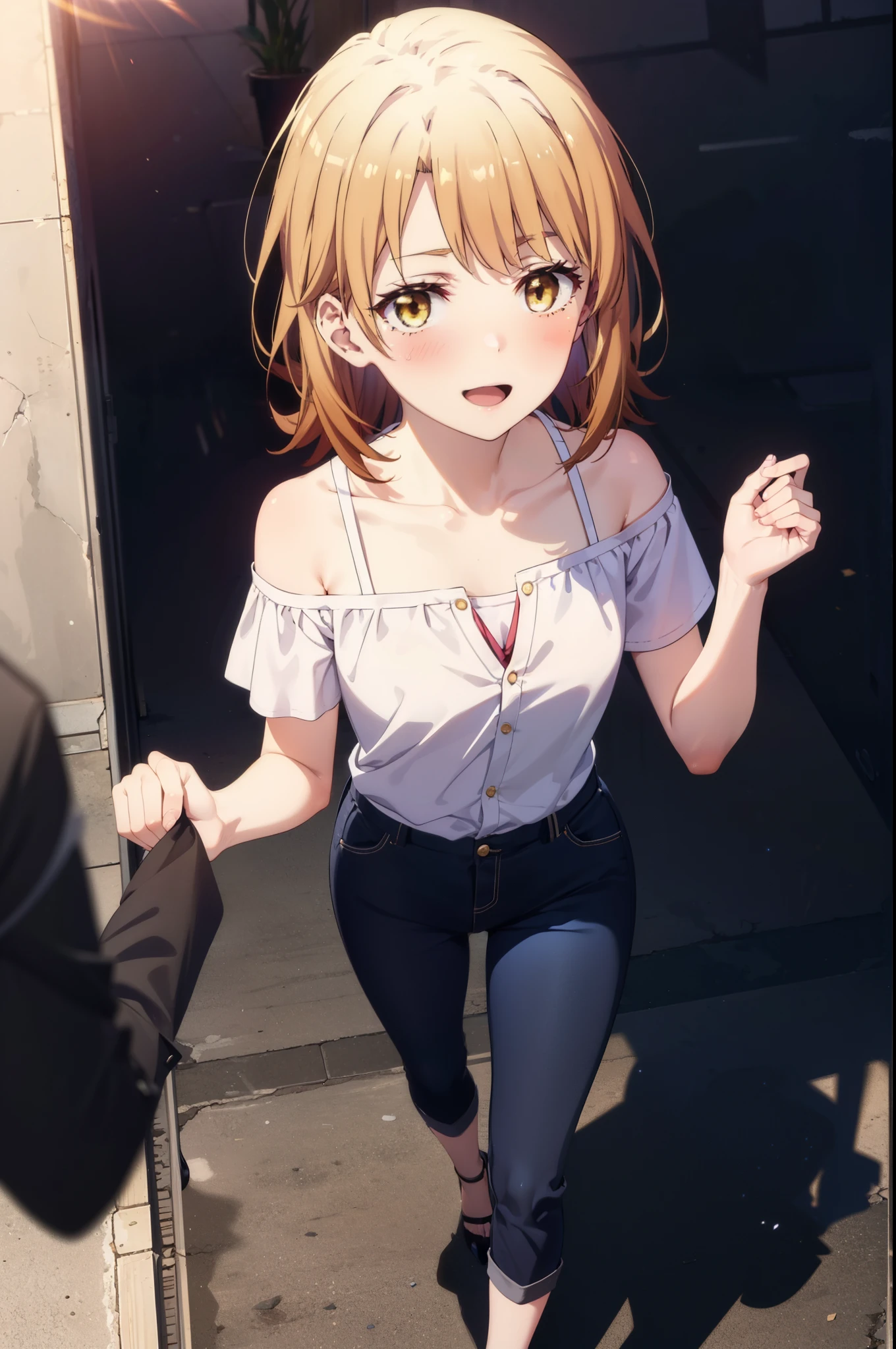 Irohaisshiki, isshiki iroha, Short Hair, Brown Hair, (Brown eyes:1.5), blush,ponytail,Squint both eyes,blush,
happy smile, smile, Open your mouth,Cold Shoulder Shirt,Short sleeve skinny jeans,Stiletto heels,Daytime,Clear skies,Are standing,Put your right hand on your hip,whole bodyがイラストに入るように,Looking up from bottom to top,
break outdoors, School,courtyard,
break looking at viewer,whole body,
break (masterpiece:1.2), Highest quality, High resolution, unity 8k wallpaper, (figure:0.8), (Beautiful attention to detail:1.6), Highly detailed face, Perfect lighting, Highly detailed CG, (Perfect hands, Perfect Anatomy),