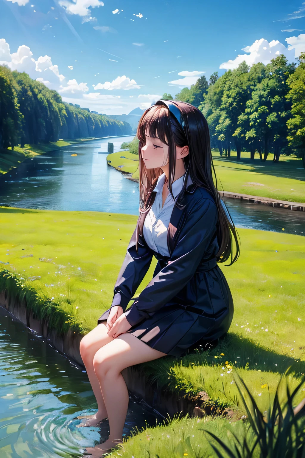 Beautiful woman standing crying by the river, meadow, sky, little trees, park, virtual reality woman, beautiful masterpiece, sitting crying, river, clouds, beautiful evening sky, office uniform, sitting stressed, sad,I'm sad and cry a lot.