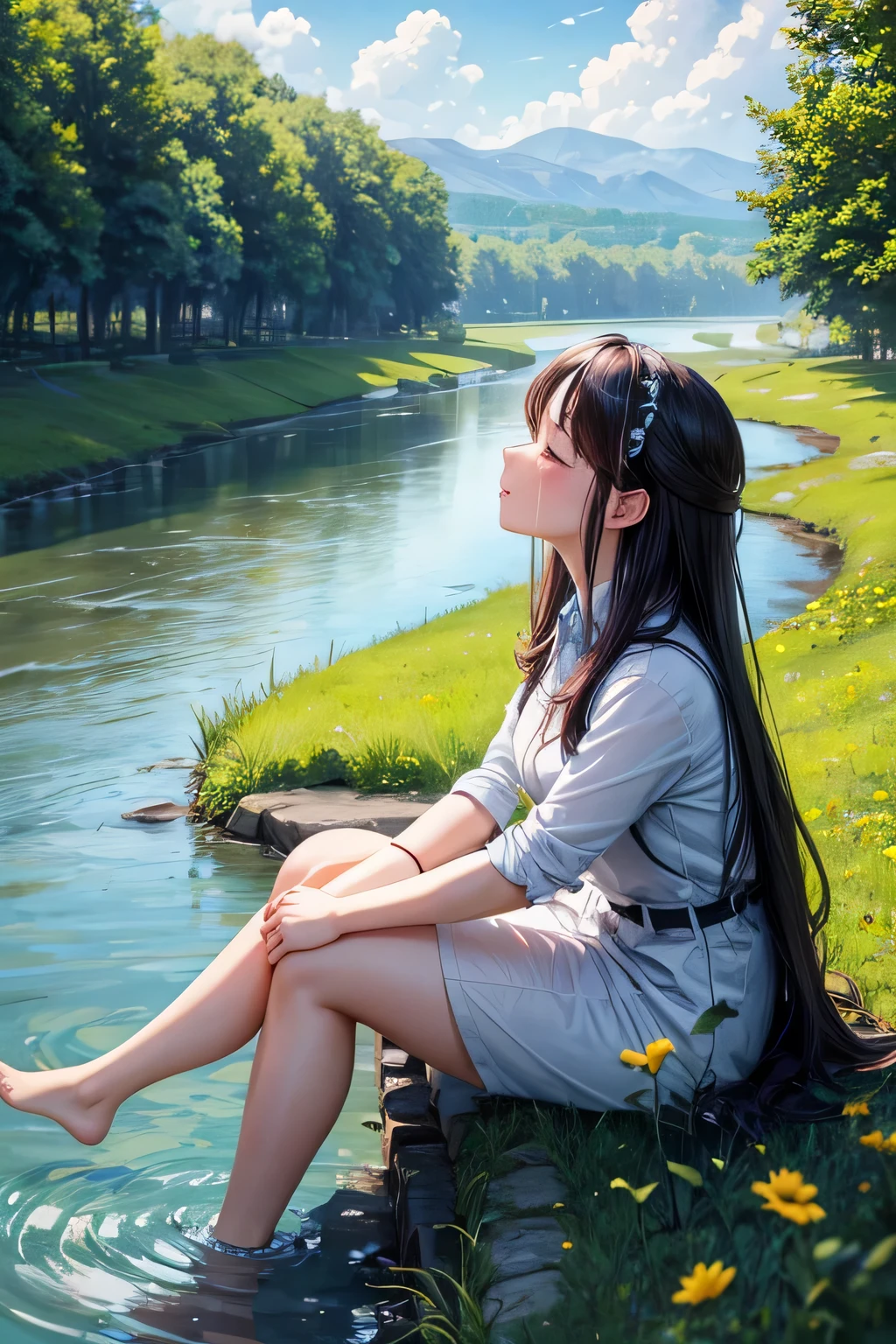Beautiful woman standing crying by the river, meadow, sky, little trees, park, virtual reality woman, beautiful masterpiece, sitting crying, river, clouds, beautiful evening sky, office uniform, sitting stressed, sad,I'm sad and cry a lot.