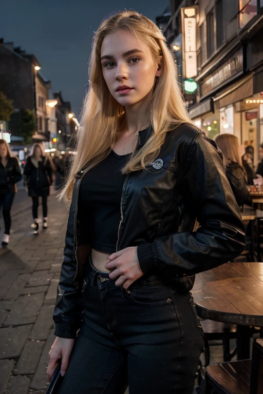 Raw photo, lovely and beautiful, realistic,girl,age 20, full body, long and blonde hair, pale skin, sharp jawline face, pink lips, body, beautiful face, detailed face,wearing black jacket and black skinny jeans ,big figure , full body, standing, outdoor, night, restaurant, ((looking at viewer)),((face towards me)), model. 