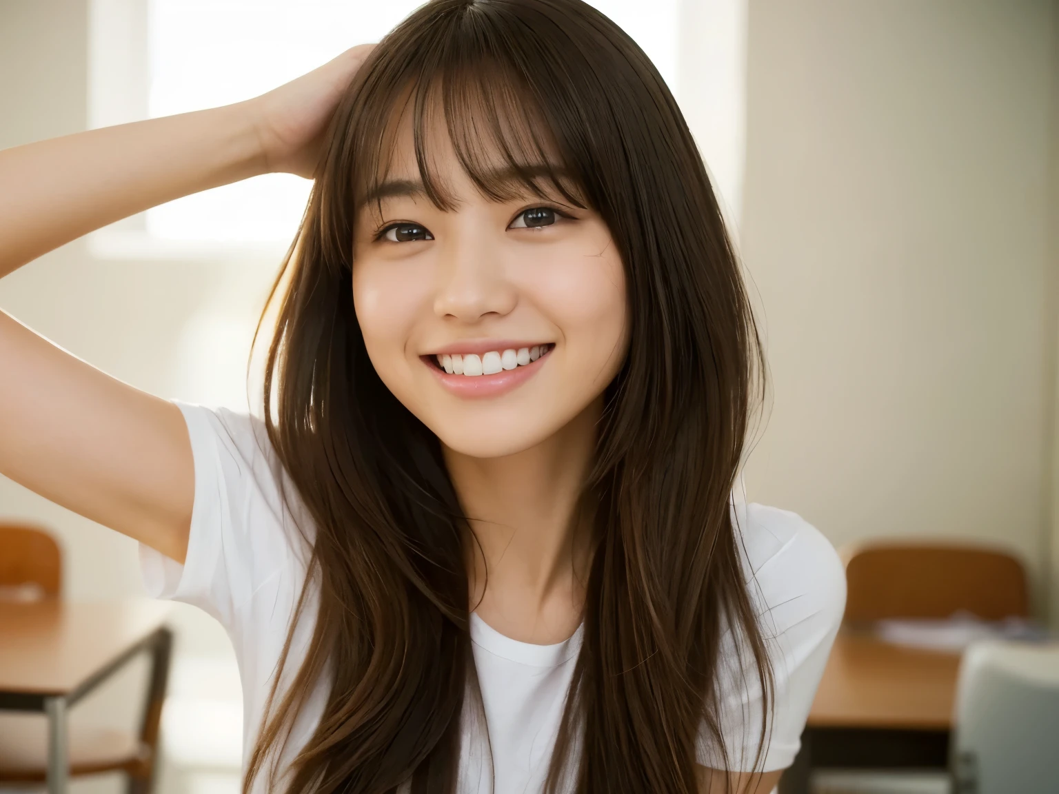 (Realistic、High resolution:1.3)、Japanese,20-year-old,Smiling with teeth showing,The bangs are swept back,The background is pure white,Spread your elbows and place your face on your hands、Pure white teeth,Big eyes,Clean and fresh,Salon Style,Beauty Salon,Put your cheek on the desk,Upper body only,Looking into the camera,The Nation's Daughter,Realistic Skin,Hair