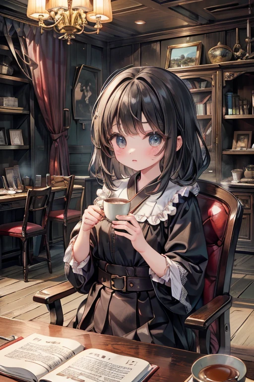 masterpiece, highest quality, Very detailed, 16k, Ultra-high resolution, Cowboy Shot, Detailed face, Perfect Fingers, A 14-year-old girl, black eye, Black Hair, Wavy Hair, Luxurious Western-style building, Bookshelf, Table seating, Chair, Tea making facilities, Chairに座って本を読む, SZ_4po enviroment