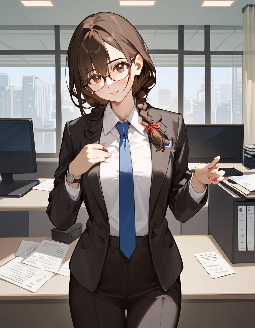 masterpiece, best quality, score_9, score_8_up, score_7_up, source anime, perfect anatomy, rating explicit, nsfw, absurdity, 1girl, office, suit, dress shirt, necktie, watch, glasses, standing, hold files, two braid, brown hair, brown eyes, bottomless:1.2, pubic hair, loafer, 