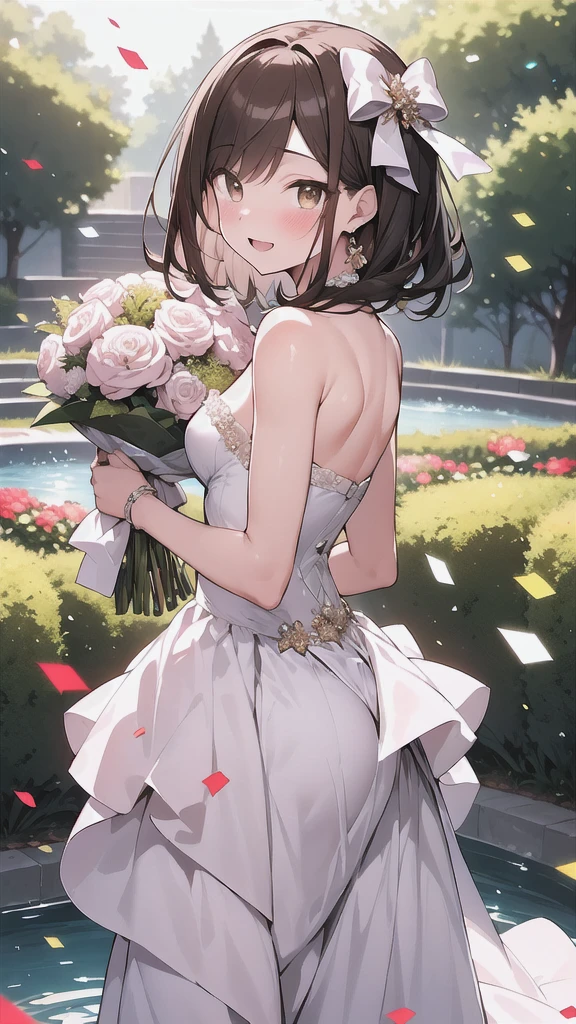 masterpiece, highest quality, High resolution, bb caster, Wide range, He drowned, Short brown hair, Brown eyes, Wedding dress, White Dress, strapless,Slightly chubby,Small breasts,buttocks are small, garden, smile, Open your mouth, Confetti, Holding a bouquet, Are standing, Cowboy Shot,