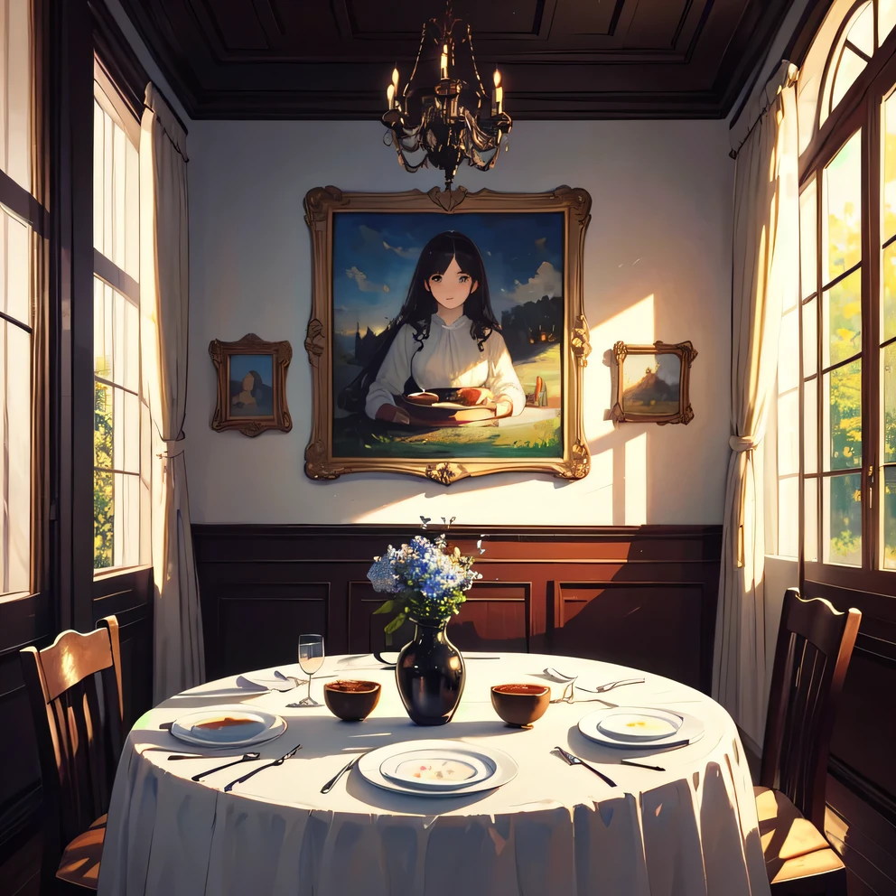 painting,Impressionism,clearly an empty plate,at a dining table,((masterpiece)),illustration,High Detail, soft light, delicious, rich and colorful, Beautiful, Studio Lighting, trending BICHU