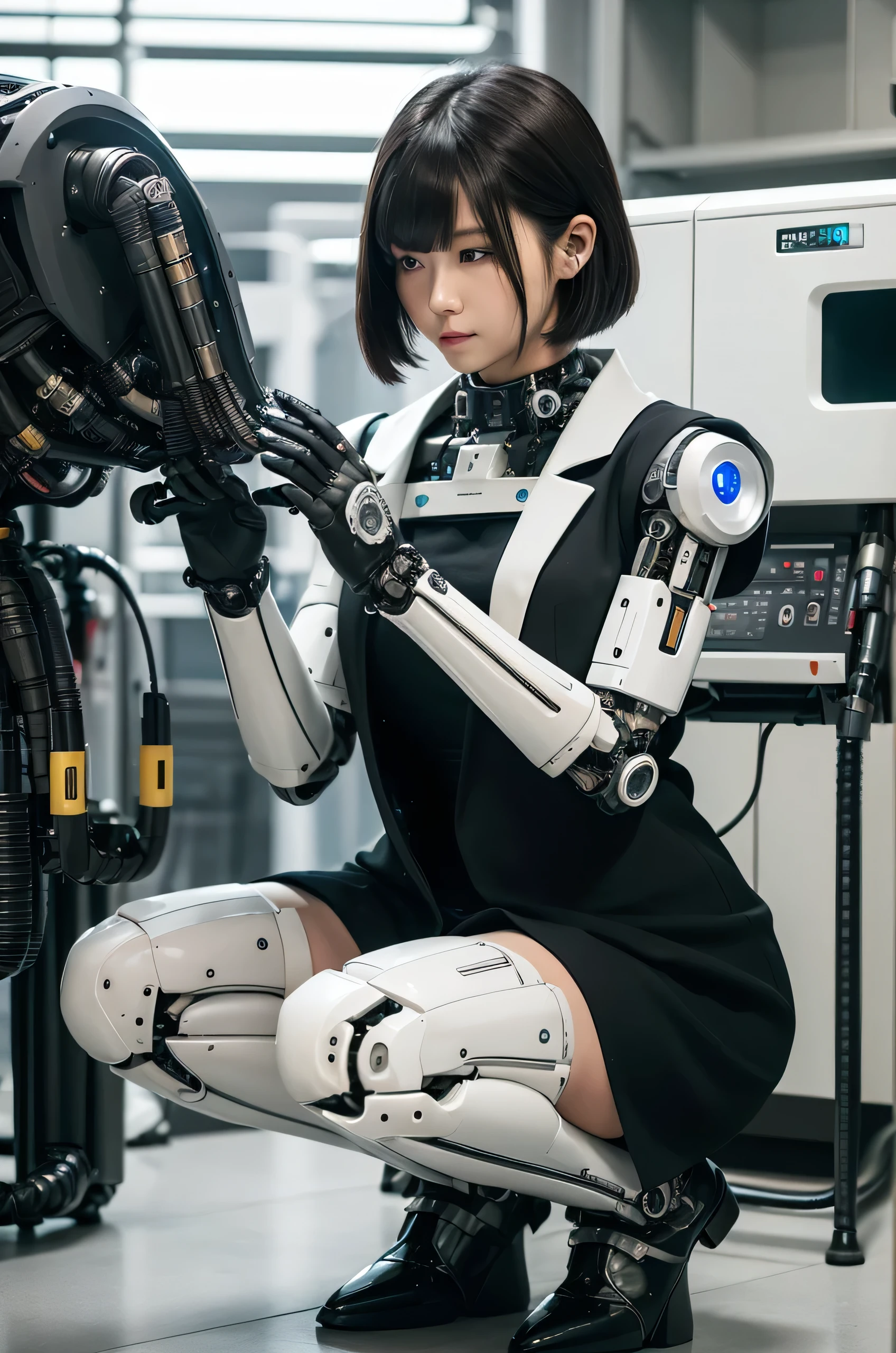 masterpiece, best quality, extremely detailed, Japaese Cyborg Girl,Plump , White boots,control panels,android,Droid,Mechanical Hand, ,clothes with a sense of mechanical technology, Robot arms and legs, Black Robot Parts,Black hair,Mechanical body,dress shirt,long vest,Blunt bangs,White abdomen,White robotics parts,perfect robot woman,future laboratory,cyber pank,charging spot,laboratory,long tube,thick cable connected her neck,kneel on the floor,bowing,ceramic body ,mechanical body,blue eyes,android,robot humanoid