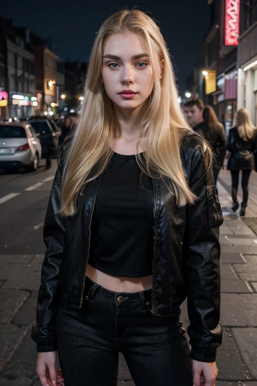 Raw photo, lovely and beautiful, realistic,girl,age 20, full body, long and blonde hair, pale skin, sharp jawline face, pink lips, body, beautiful face, detailed face,wearing black jacket and black skinny jeans ,big figure , full body, standing, outdoor, night, streets, ((looking at viewer)),((face towards me)), model.