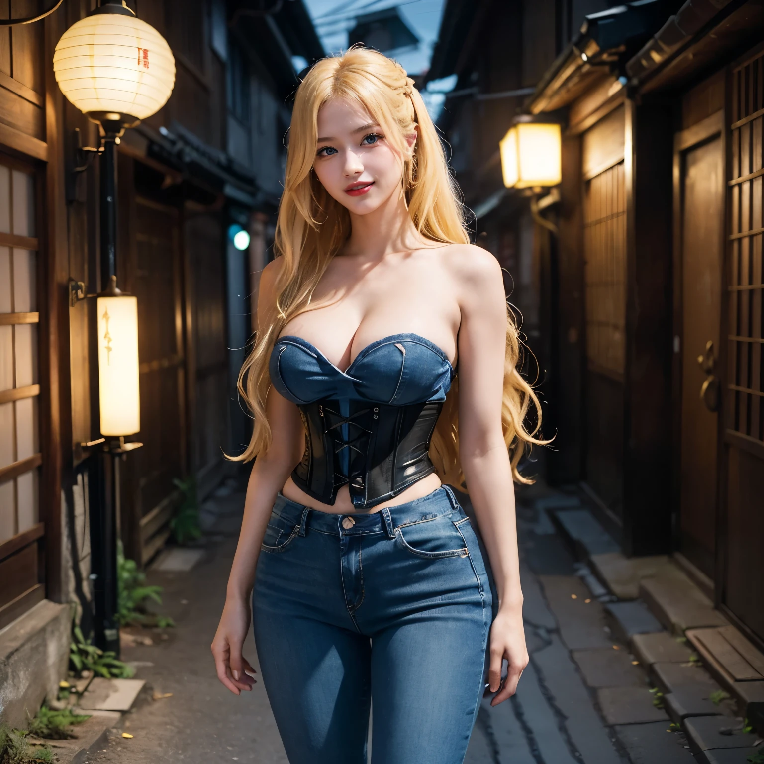 1girl, (Blue Eyes), (smiling :1.2), (Sana Minatozaki), (beautiful makeup :1.2), (wide hips), big tits, big ass, thin waist, (Best Quality, 8k, Masterpiece: 1.3), Clear Focus: 1.2, Perfect Body Beauty: 1.4, strong abs, Highly detailed face and skin texture, detailed eyes, double eyelids, red lips, (blonde long hair :1.2), (tight black corset), (high waist jeans :1.2), standing, dynamic pose, in a traditional japanese alley, japanese paper lantern light up background, blurred background